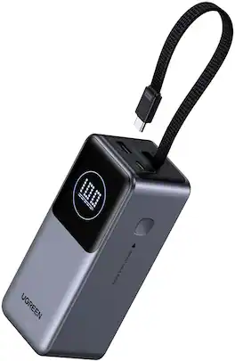 UGREEN - 130W Fast Power Bank with Built-in Cable, 3-Port Portable Charger for Laptops, Tablets, Smartphones - Black