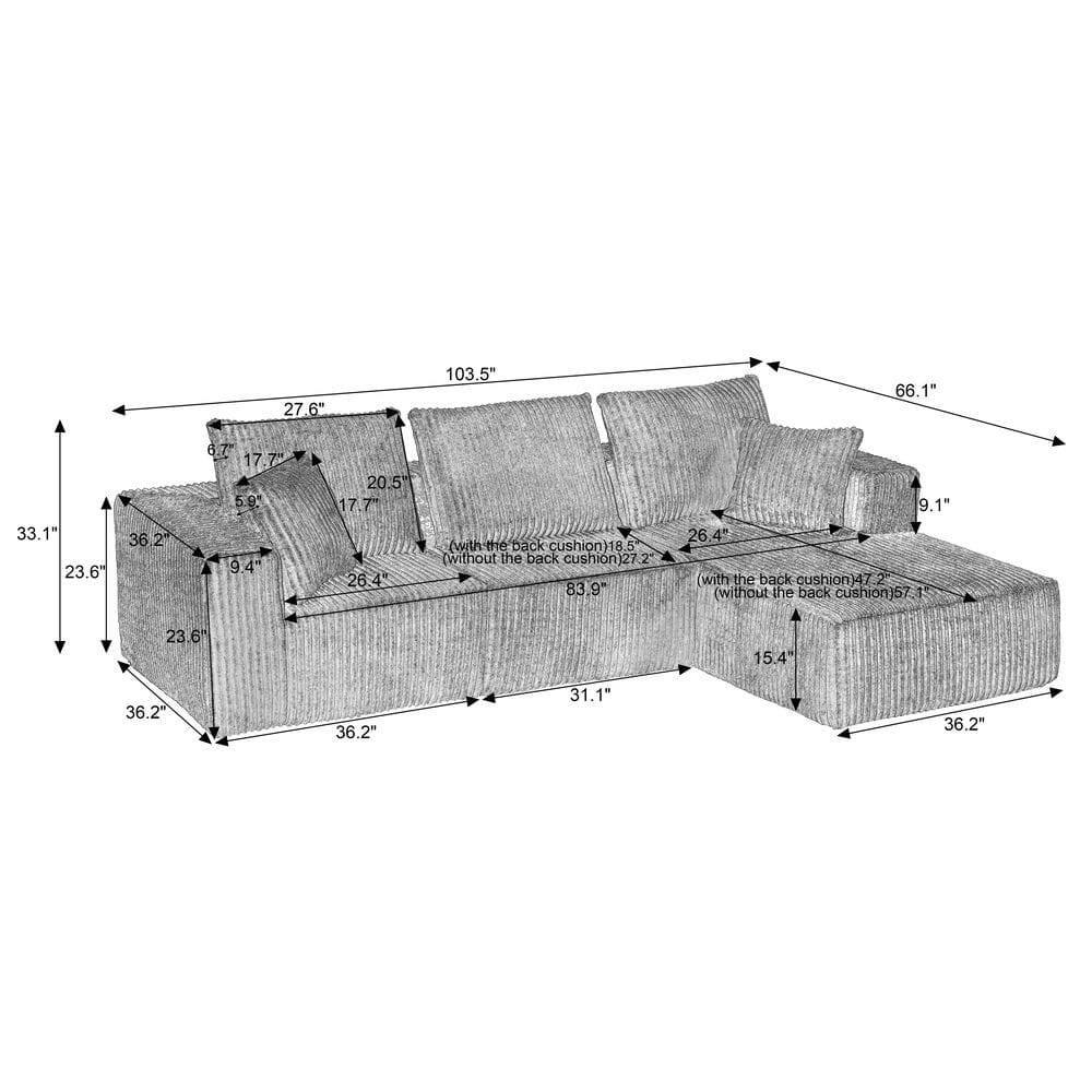 Here is the corrected and grouped text from the image:

- **Dimensions:**
  - 103.5"
  - 66.1"
  - 33.1"
  - 27.6"
  - 36.2"
  - 23.6"
  - 20.5"
  - 17.7"
  - 5.9"
  - 9.4"
  - 26.4"
  - 17.7"
  - 31.1"
  - 15.4"
  - 9.1"
  - 83.9"
  - 47"
  - 57"
  - 18"
  - 18.5"
  - 27"

- **With the back cushion:**
  - 83.9"
  - 47"

- **Without the back cushion:**
  - 57"

- **Additional notes:**
  - 26.4" (with the back cushion)
  - 26.4" (without the back cushion)