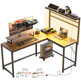 Homcom - L Shaped Gaming Desk with Power Outlets & LED Lights, Computer Desk with Monitor Stand and CPU Shelf - Rustic Brown