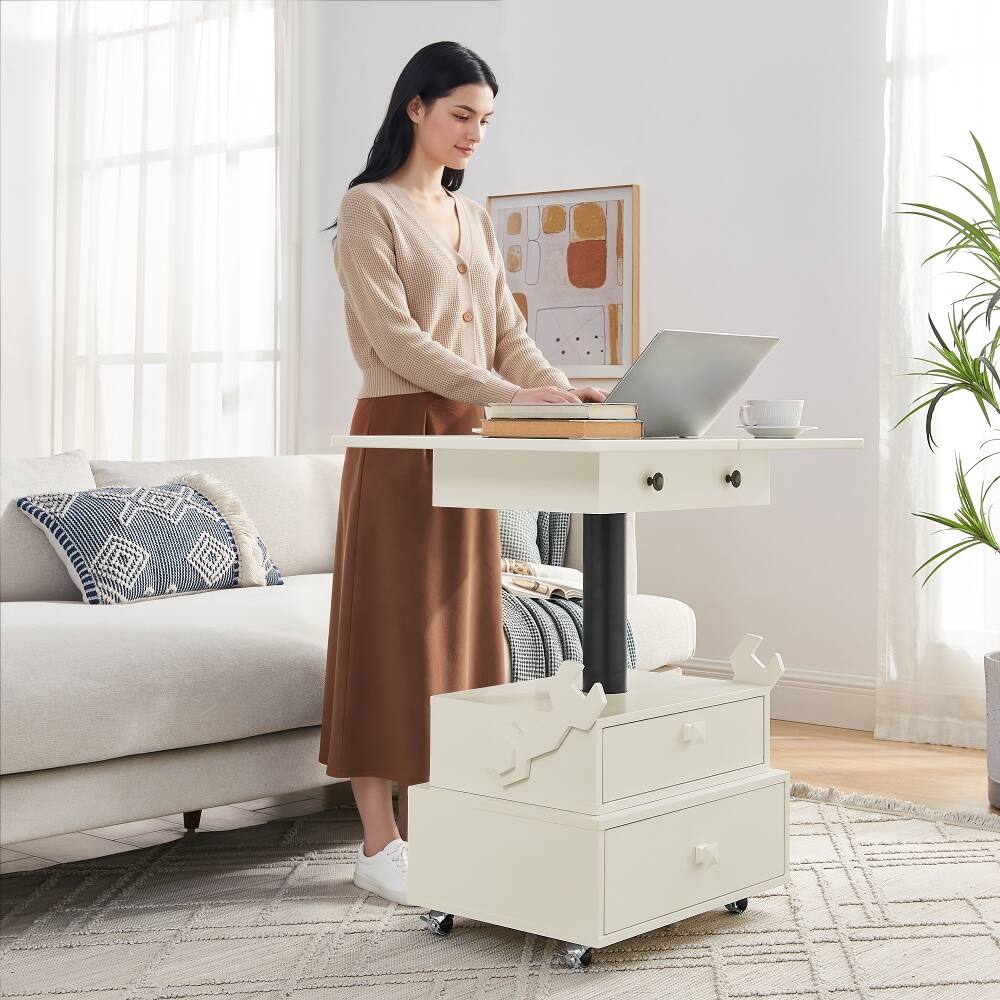 Alt View 3. Loheer - Adjustable Height End Table Rolling Side Table with Charging Station Lift Top Multi-Functional Bedside Table White - White.