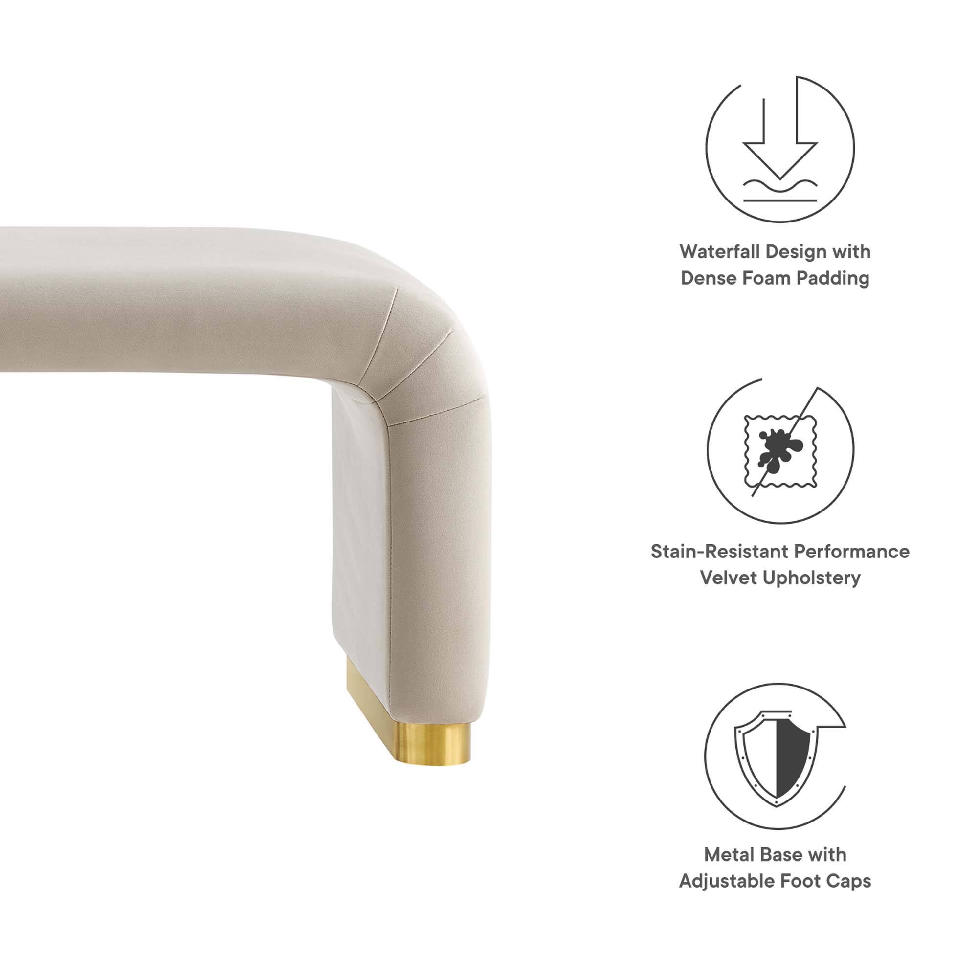 Waterfall Design with Dense Foam Padding  
Stain-Resistant Performance Velvet Upholstery  
Metal Base with Adjustable Foot Caps