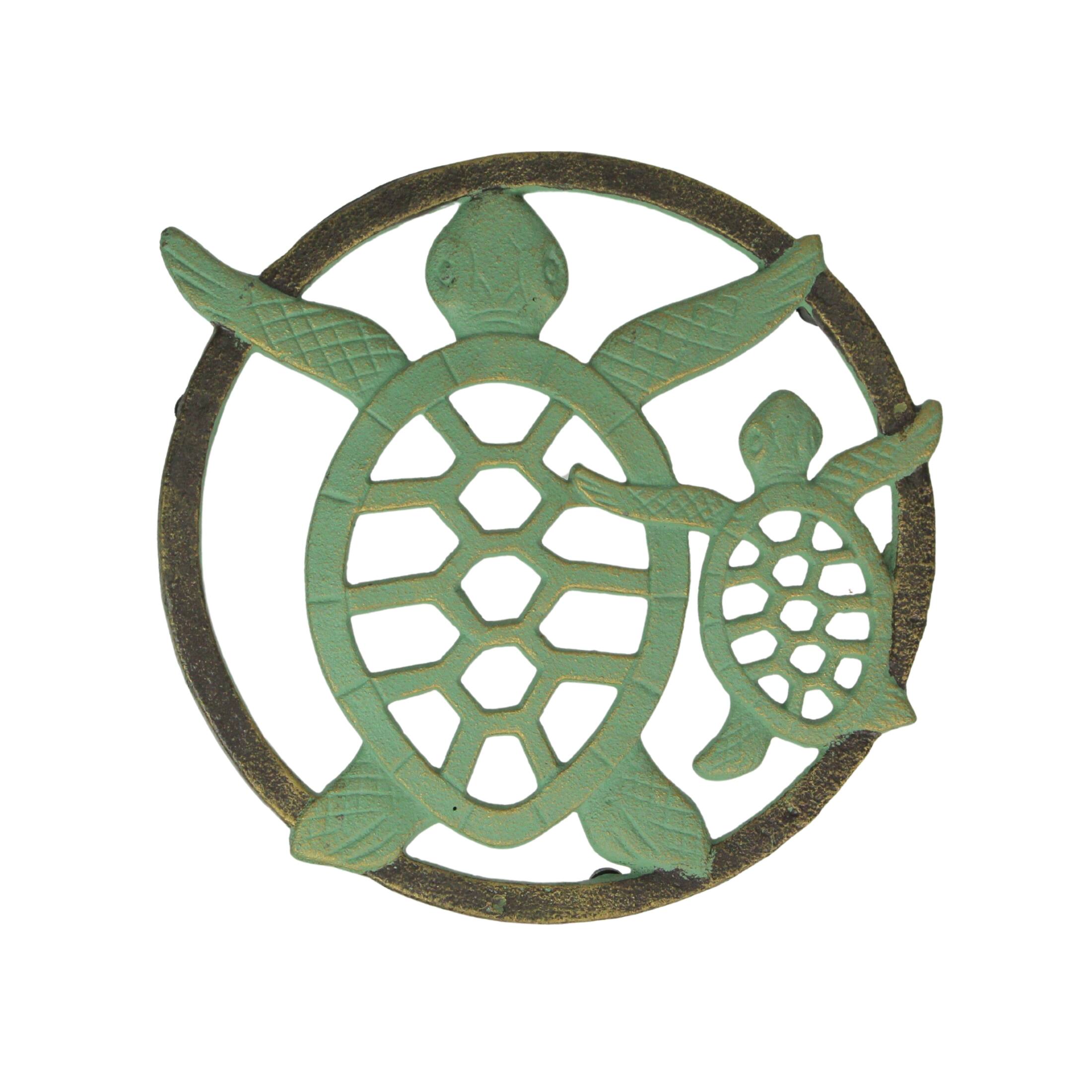 Alt View 1. Zeckos - Cast Iron Sea Turtle Trivet – Verdigris Finish, Bronze Accents, 8" Coastal Décor - Green.