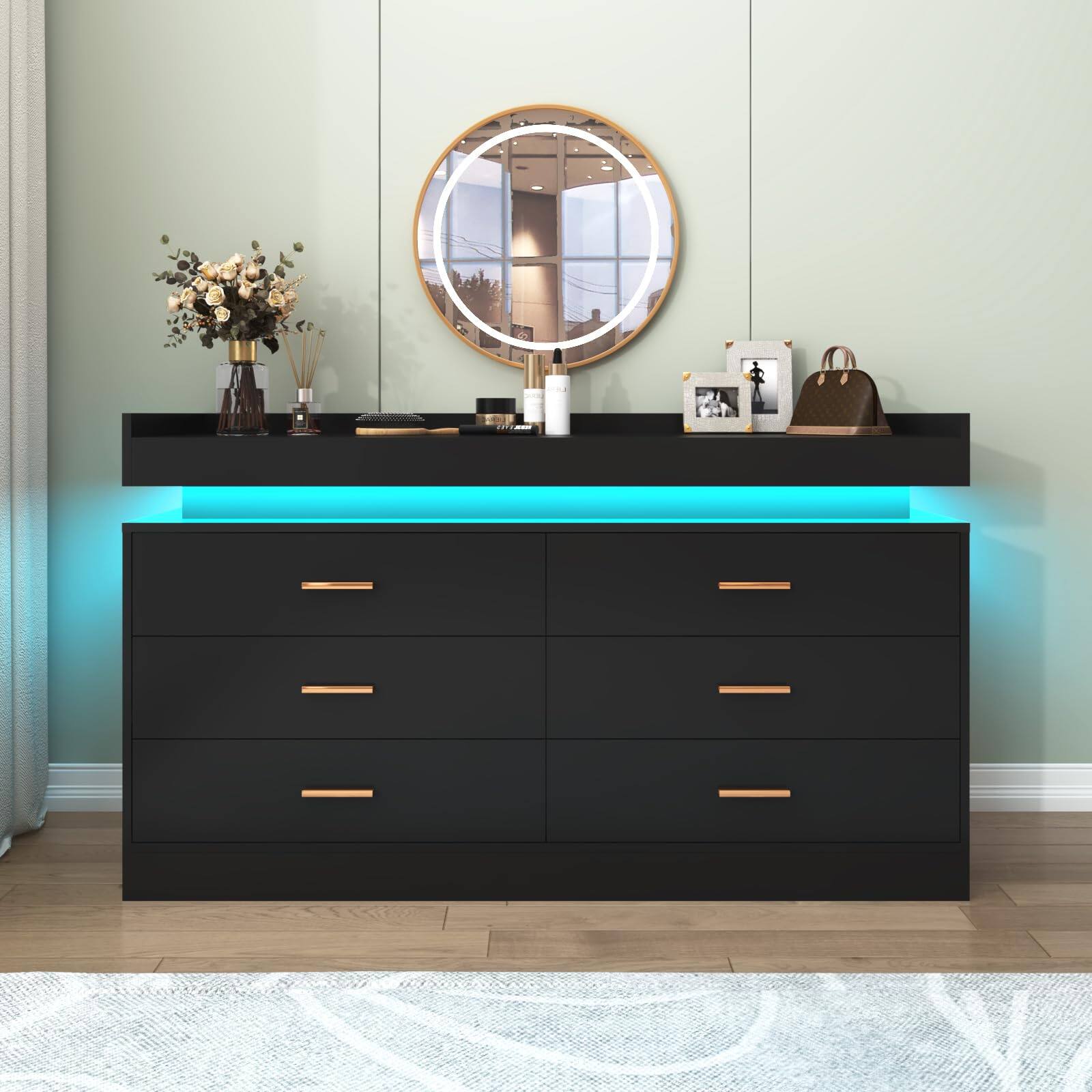 Angle. Lent Glitter Wood - 6 Drawer LED Dresser with Charging Station, Wide Storage Cabinet for Bedroom, Living Room & Hallway - black.
