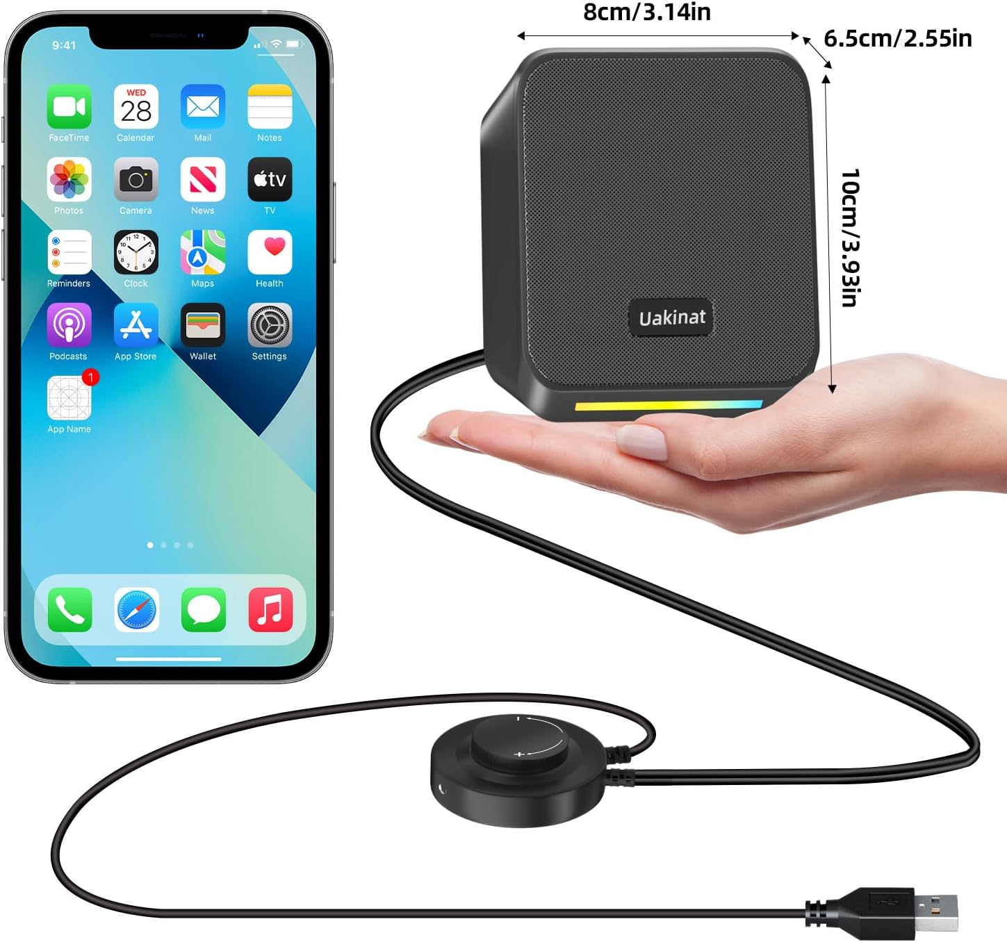 9:41  
8cm/3.14in  
6.5cm/2.55in  
10cm/3.93in  

FaceTime  
Calendar  
Mail  
Notes  
Photos  
Camera  
News  
tv  
Reminders  
Clock  
Maps  
Health  
Podcasts  
App Store  
Wallet  
Settings  

App Name  

Uakinat