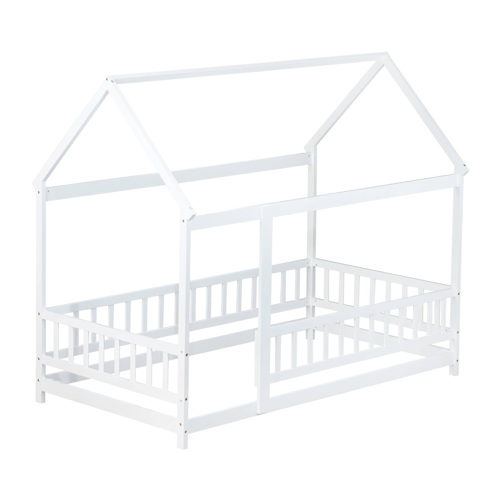 Alt View 9. GOODSILO - Twin Size House-Shaped Floor Bed with Safety Guardrails and Roof Frame, Grey Finish Wooden Playful Sleep Solution - White.