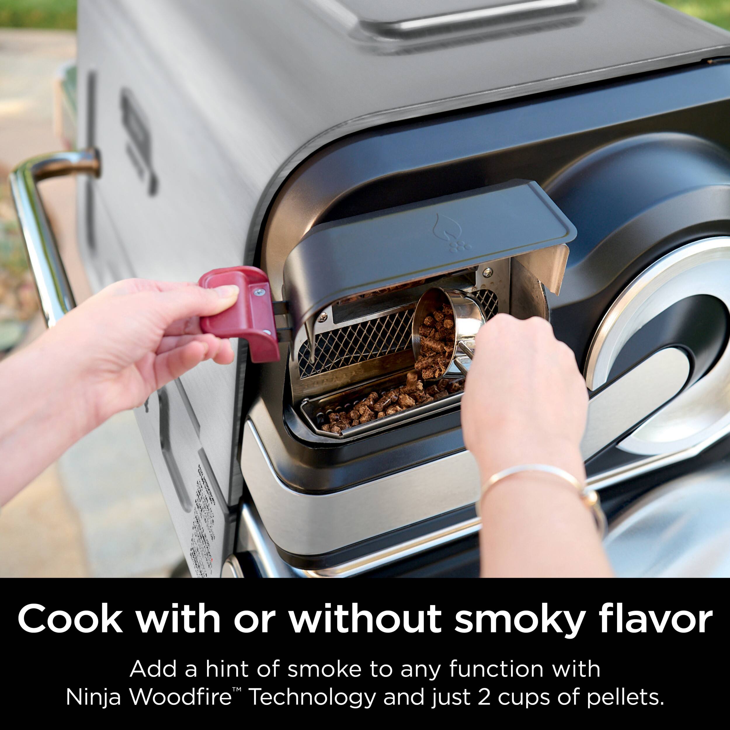 Cook with or without smoky flavor. Add a hint of smoke to any function with Ninja Woodfire Technology and just 2 cups of pellets.
