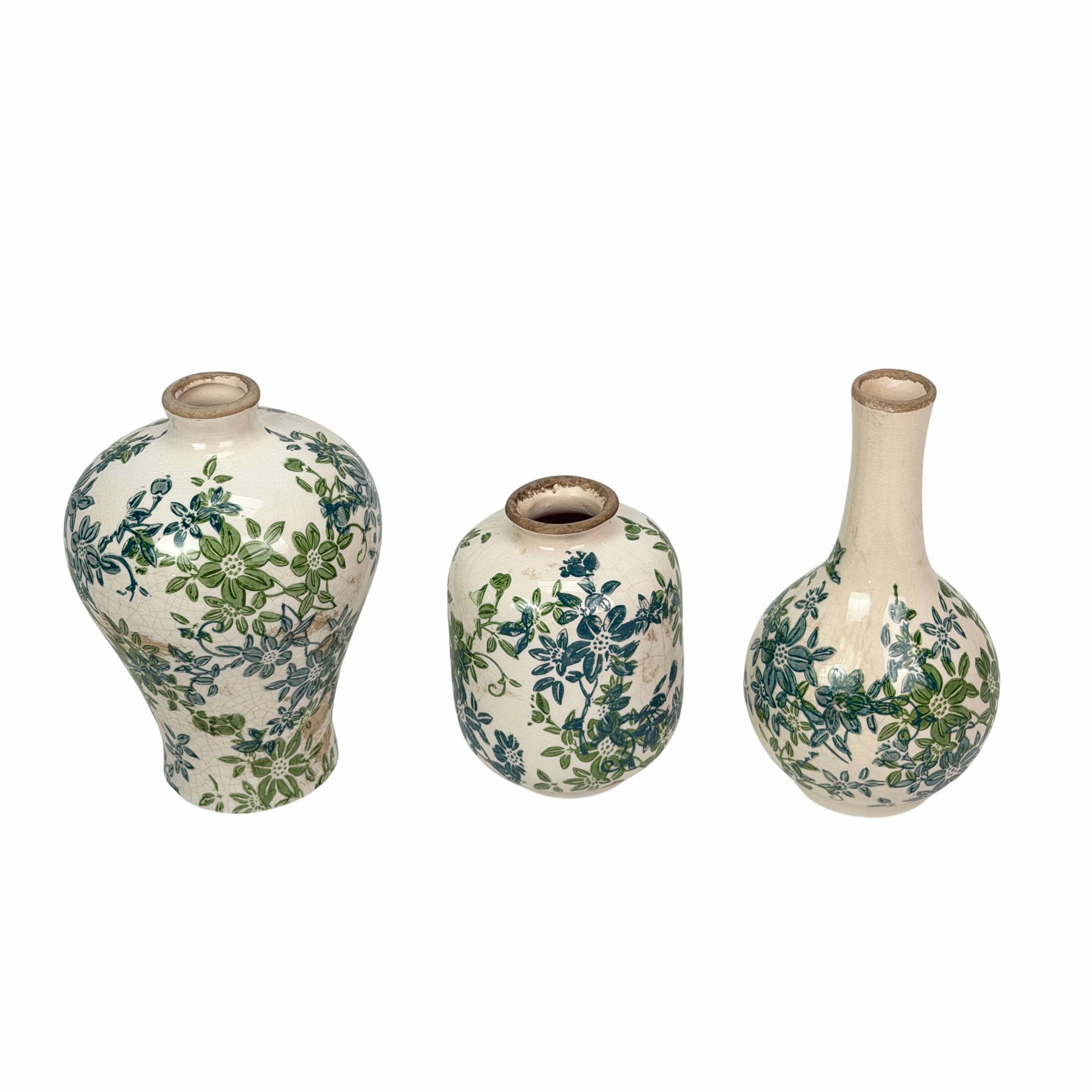 Front. Things2Die4 - Set of 3 Blue Green Floral Ceramic Decorative Vases up to 8 Inches Tall - Green/blue.