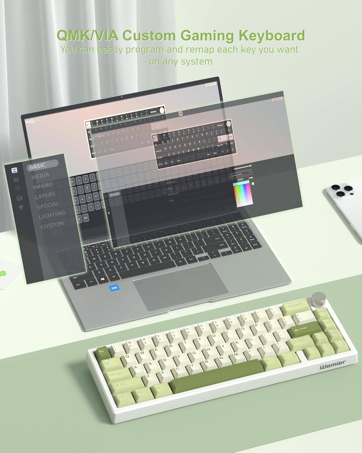 QMK/VIA Custom Gaming Keyboard  
You can easily program and remap each key you want on any system  

BASIC  
MEDIA  
MACRO  
LAYERS  
SPECIAL  
LIGHTING  
CUSTOM  

Wamier