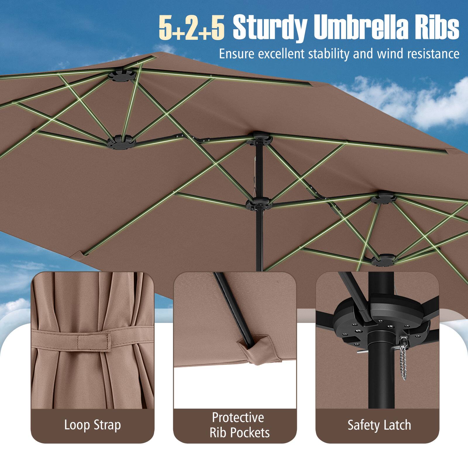5+2+5 Sturdy Umbrella Ribs Ensure excellent stability and wind resistance
Loop Strap
Protective Rib Pockets
Safety Latch