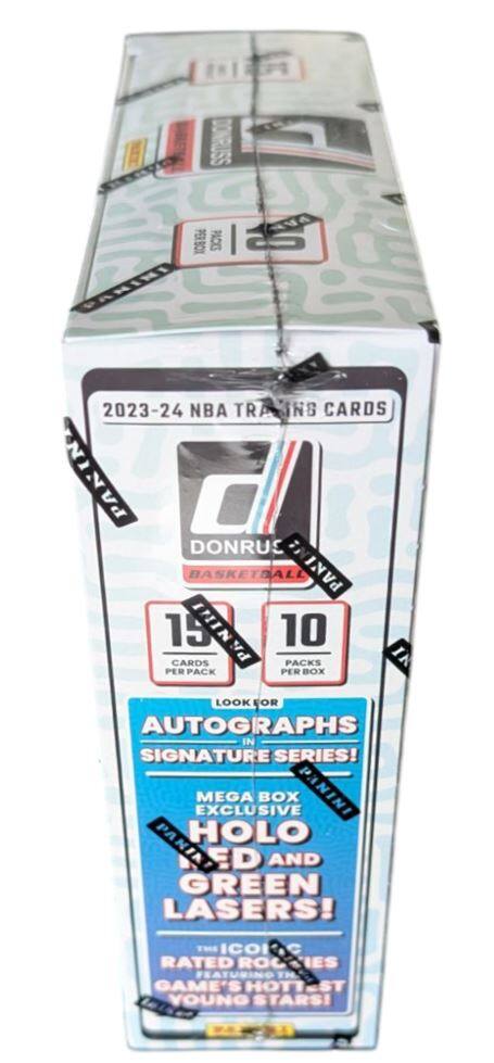 DONRUS BASKETBALL PANINI  
2023-24 NBA TRADING CARDS  
15 CARDS PER PACK  
10 PACKS PER BOX  

LOOK FOR AUTOGRAPHS IN SIGNATURE SERIES!  
EXCLUSIVE MEGA BOX PANINI PACKS WITH HOLO LED AND GREEN LASERS!  
THE ICONIC RATED ROOKIE SERIES FEATURING THE GAME'S HOTTEST YOUNG STARS!