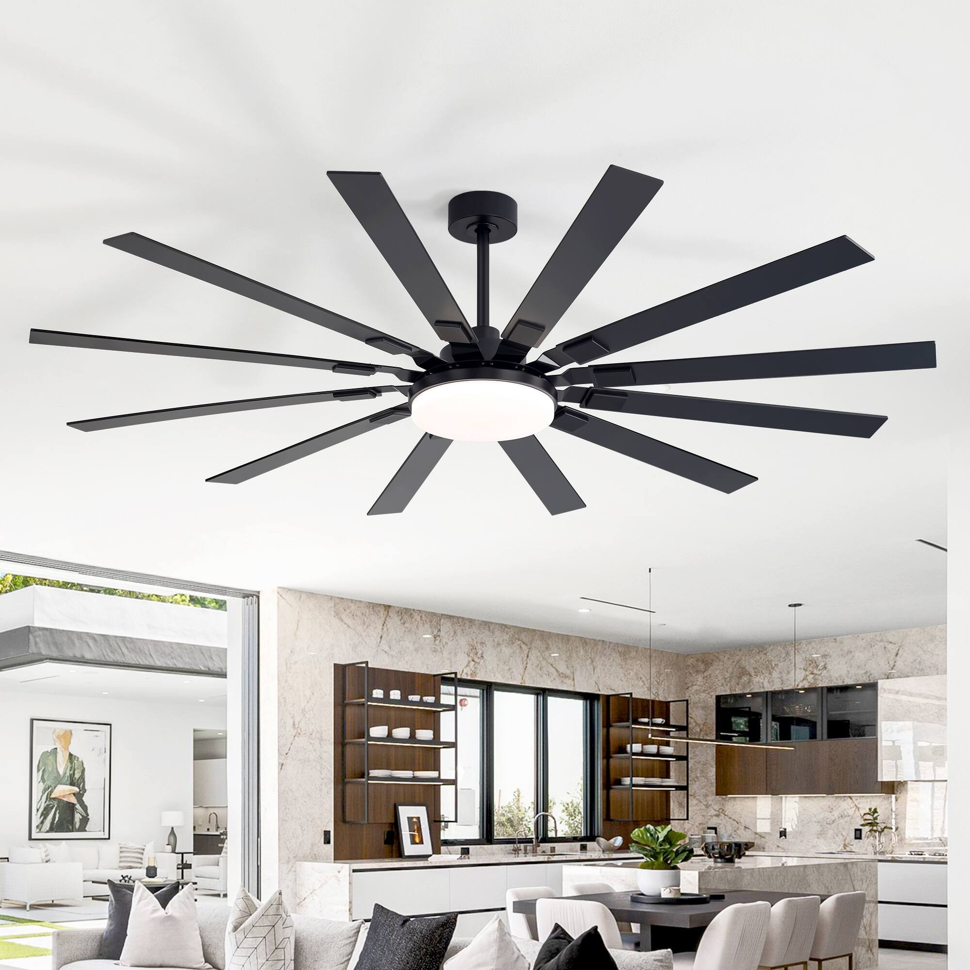 Angle. Breezary - 72-Inch Ceiling Fan with LED Light, 12-Blade Design, DC Motor, Reversible Airflow, 6 Speeds, Timer and Remote Control - Black and Walnut.