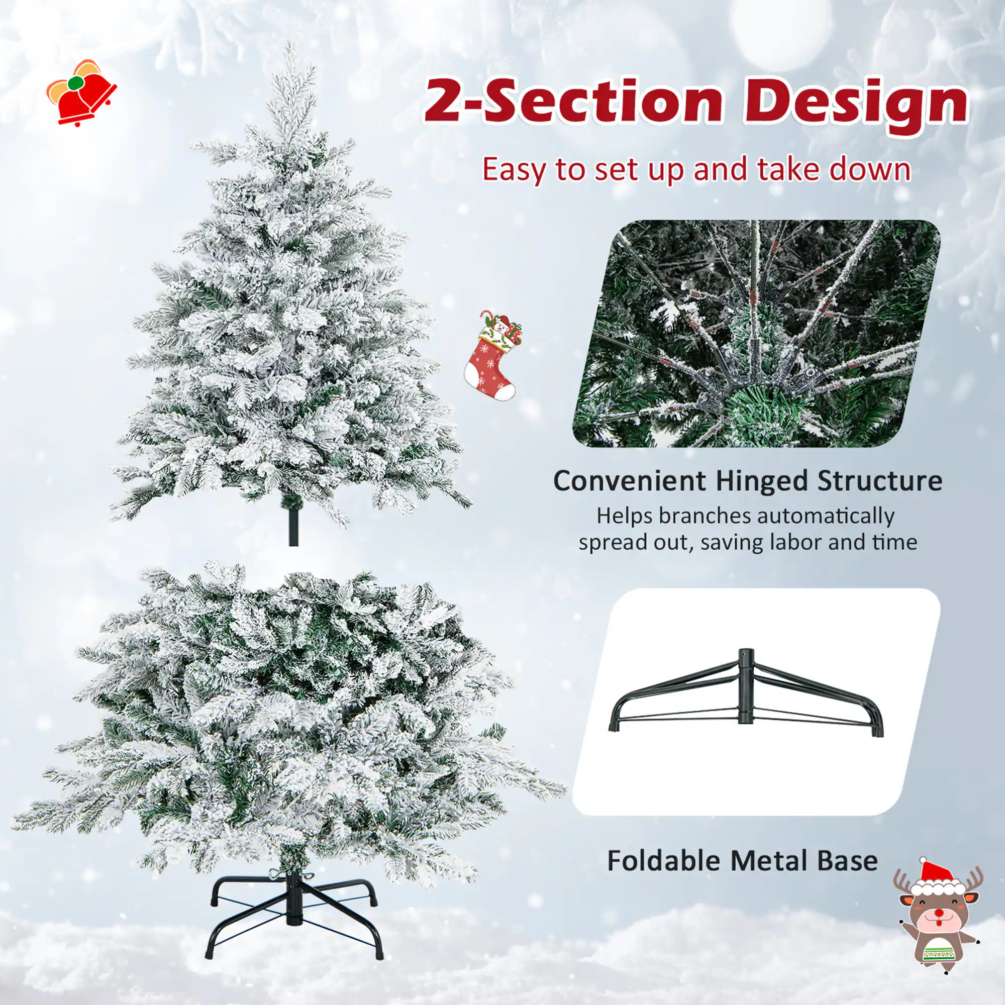 2-Section Design  
Easy to set up and take down  

Convenient Hinged Structure  
Helps branches automatically spread out, saving labor and time  

Foldable Metal Base