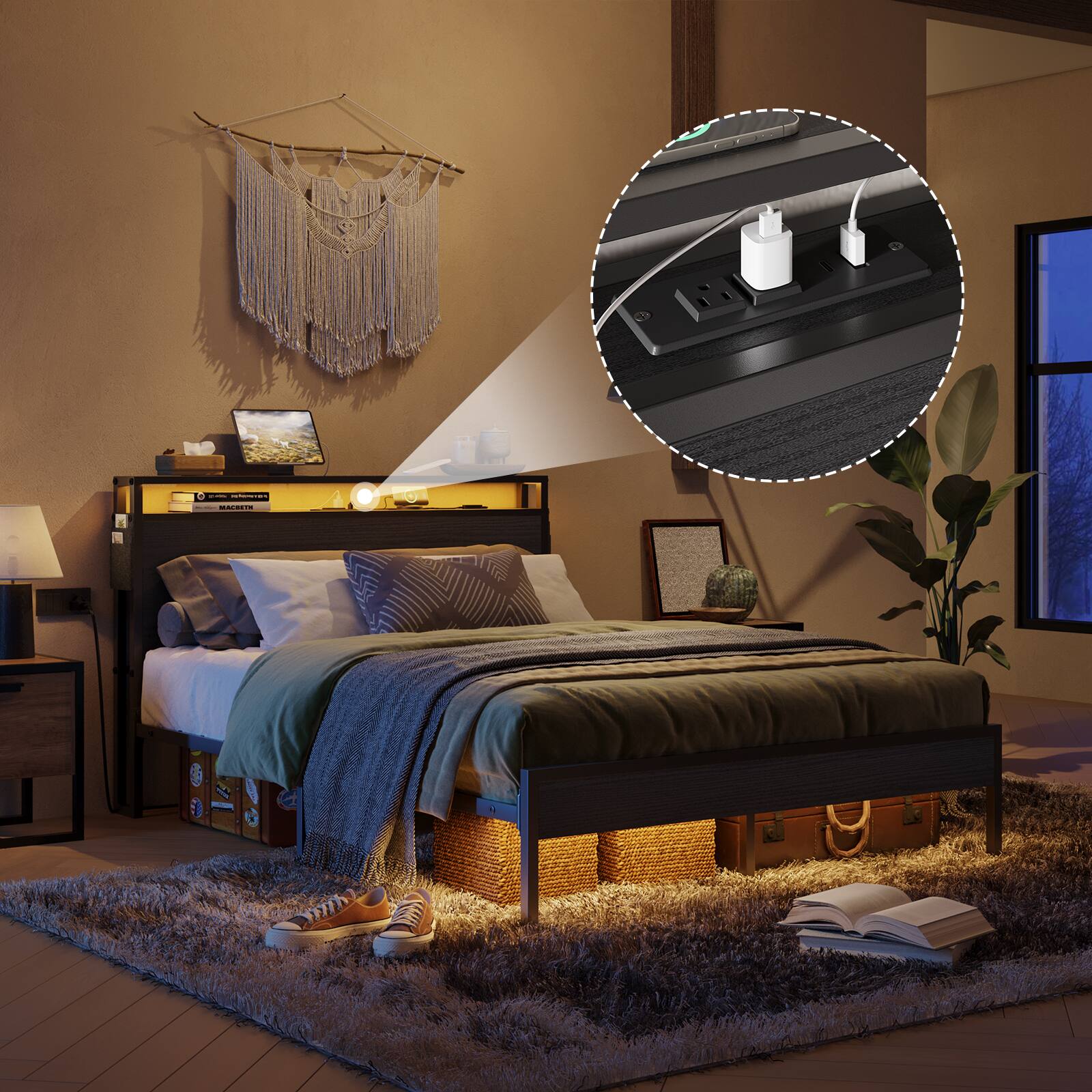 Alt View 2. Bestier - Queen Size Bed Frame Platform Bed with Storage Headboard LED Lights and Charging Station - Black.