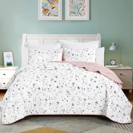 MarCielo - 3 Piece Lightweight Quilt Bedspread Set Reversible Floral Botanical - Pink Wildflower