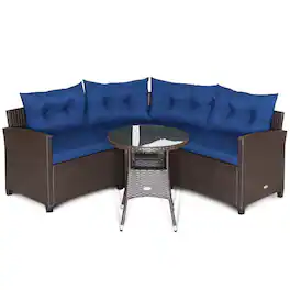 Pefilos - 4 Pieces Patio Rattan Furniture Set of Cushioned Sofa and Glass Table, Furniture Set with Thickened Seat and Back - Blue