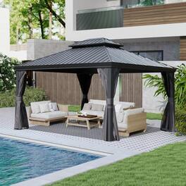 Mondawe - 10x13FT Outdoor Gazebo,Galvanized Steel Double Roof,Curtains and Netting Included - Dark Gray