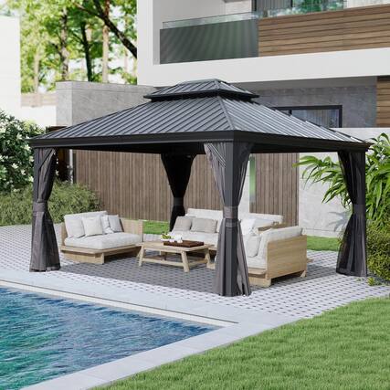 Front. Mondawe - 10x13FT Outdoor Gazebo,Galvanized Steel Double Roof,Curtains and Netting Included - Dark Gray.