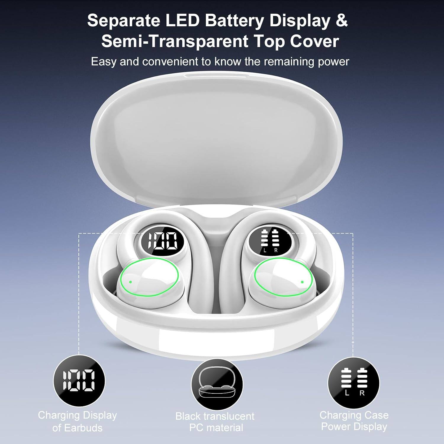 Separate LED Battery Display & Semi-Transparent Top Cover  
Easy and convenient to know the remaining power  

Charging Display of Earbuds  
Black translucent PC material  
Charging Case Power Display