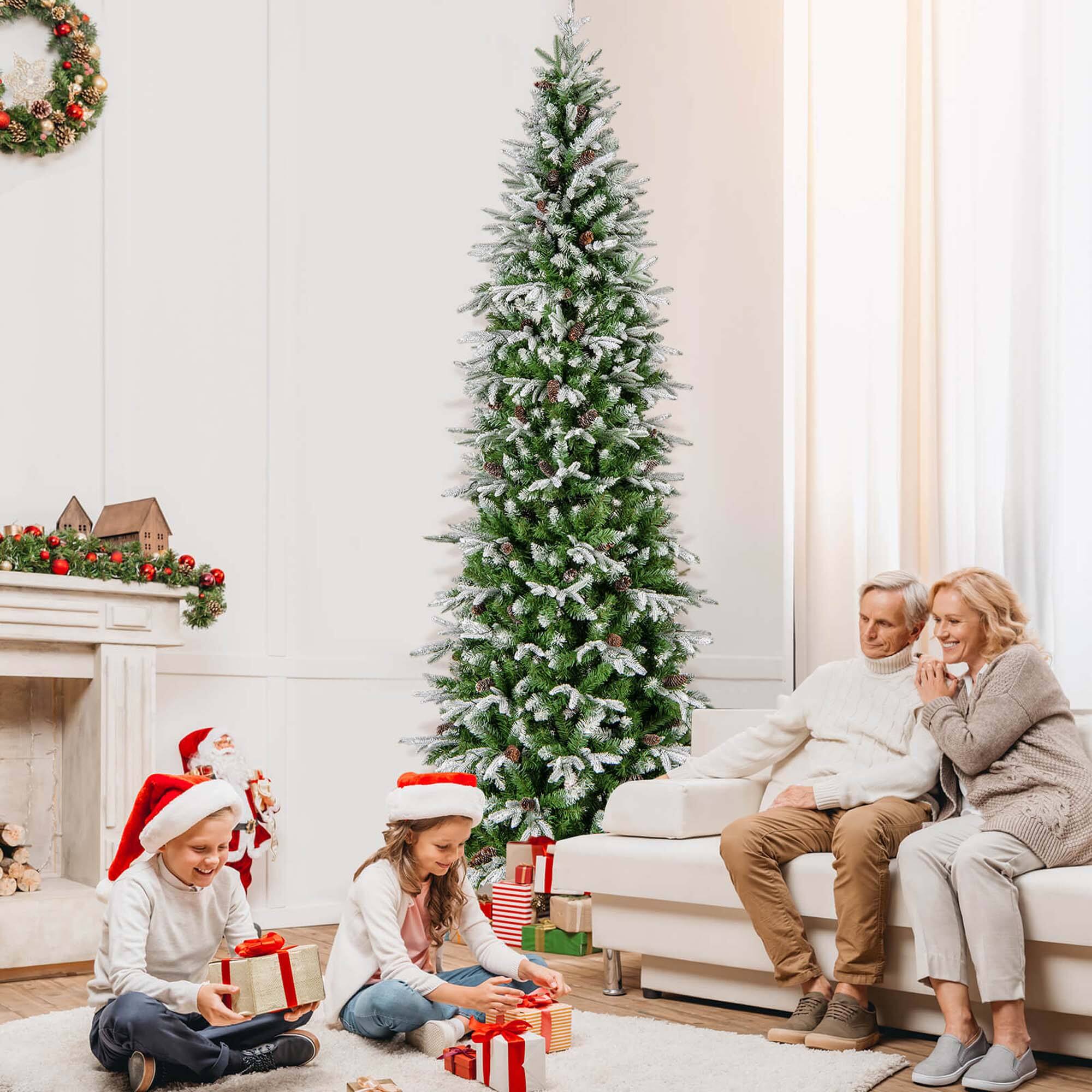 Alt View 14. Costway - 9 FT Flocked Christmas Tree with 1310 PE PVC Branch Tips 470 Warm White LED Lights - Green/White.