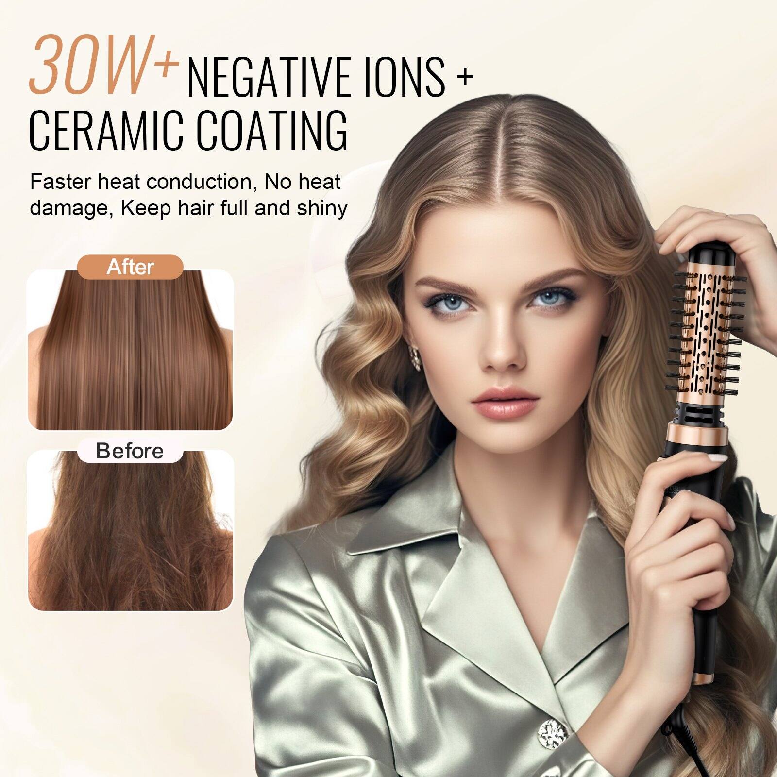 30W+ NEGATIVE IONS + CERAMIC COATING

Faster heat conduction, No heat damage, Keep hair full and shiny

After

Before