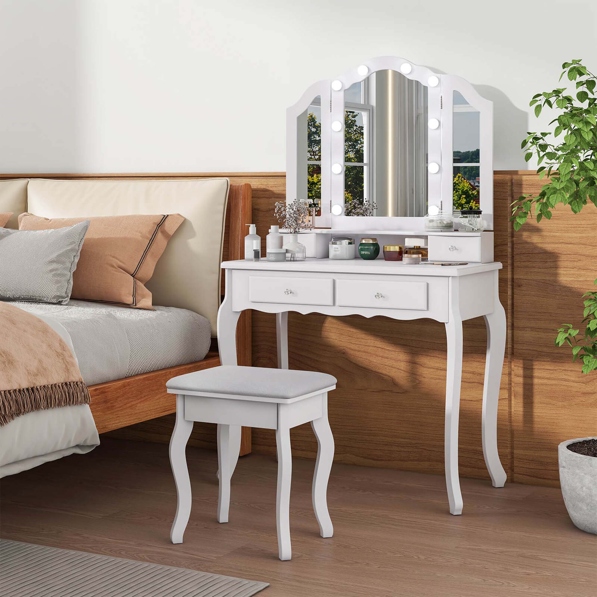 Alt View 2. Costway - Costway Makeup Vanity Set with Tri-Fold Mirror & LED Lights 4 Drawers Open Shelf - White.