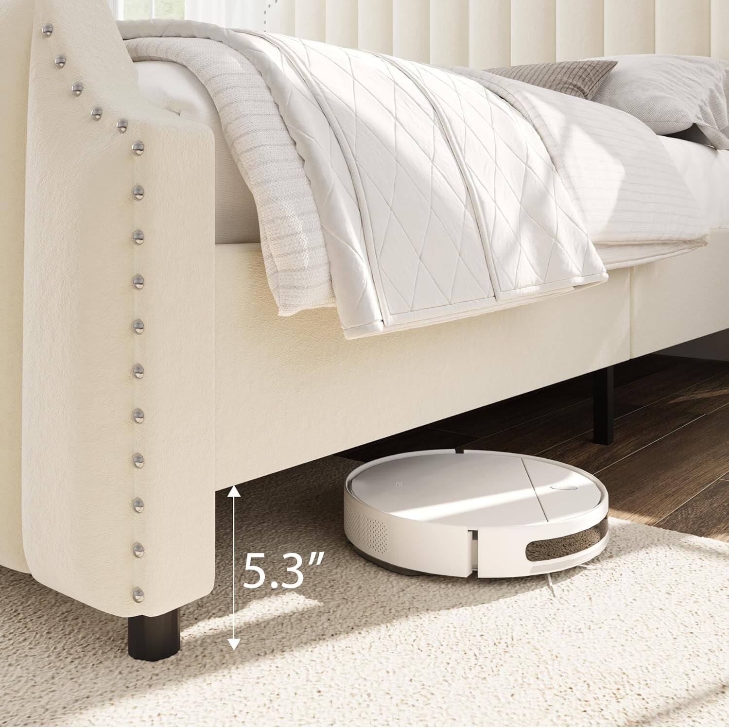 Left. GARVEE - King Size Platform Bed Frame Beige Upholstered Headboard Footboard Wooden Slats No Box Spring - Beige King1.