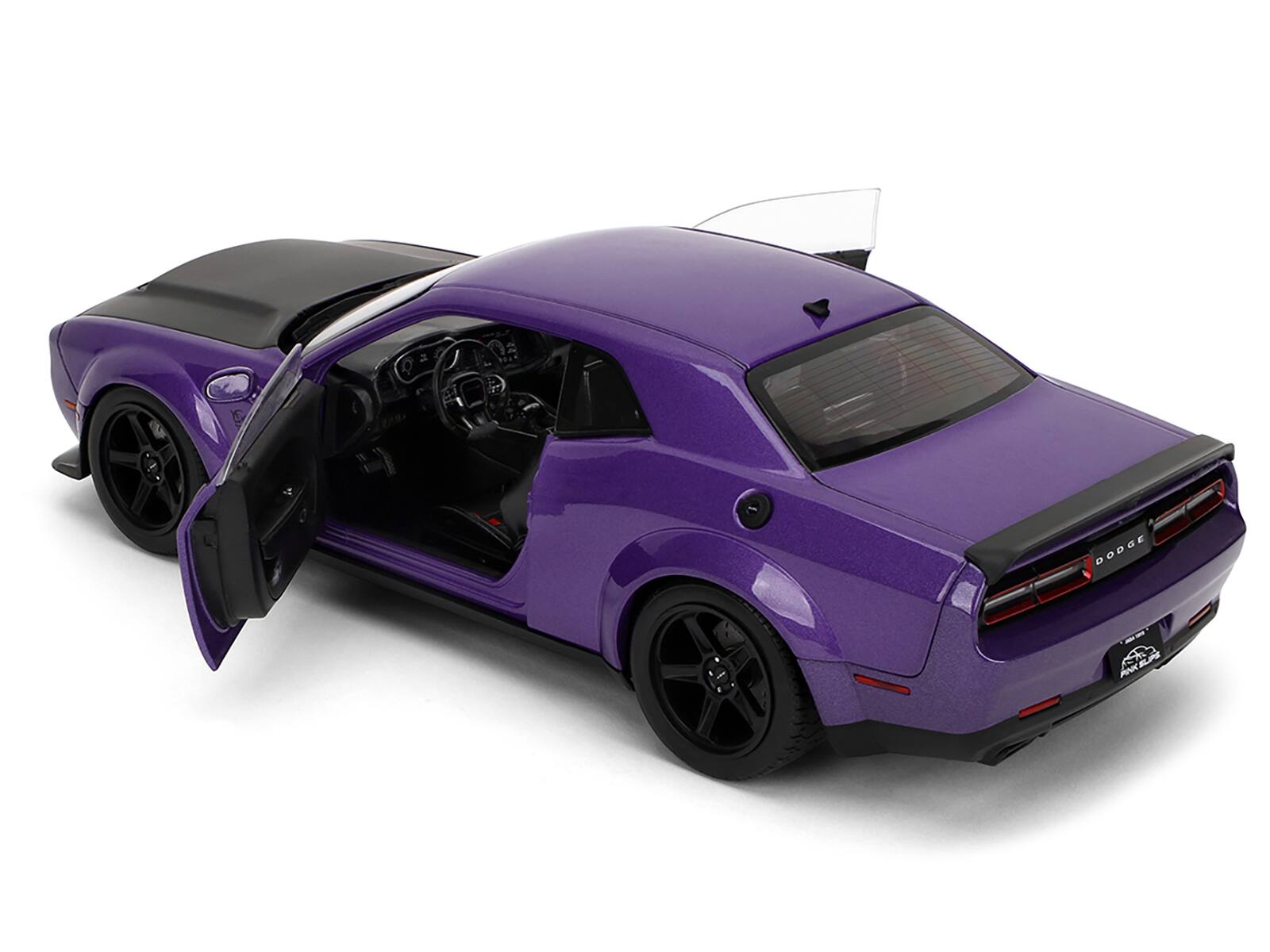 Back. Jada - Dodge Challenger SRT Demon Purple Metallic with Matt Black Hood "Pink Slips" Series 1/18 Diecast Model Car by Jada - Purple Metallic.