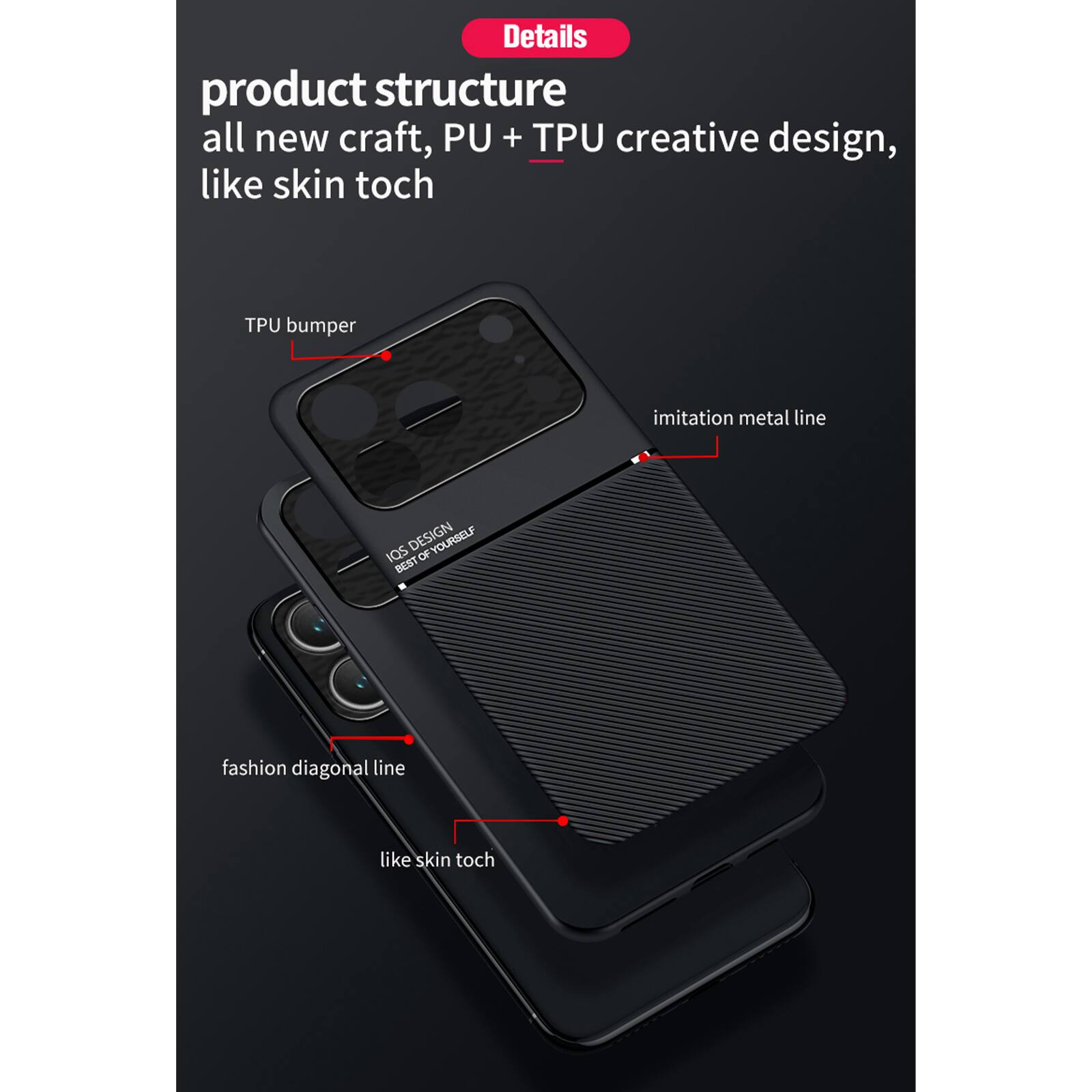 Details product structure all new craft, PU + TPU creative design, like skin toch

TPU bumper
imitation metal line
IQS DESIGN BEST
fashion diagonal line
like skin toch