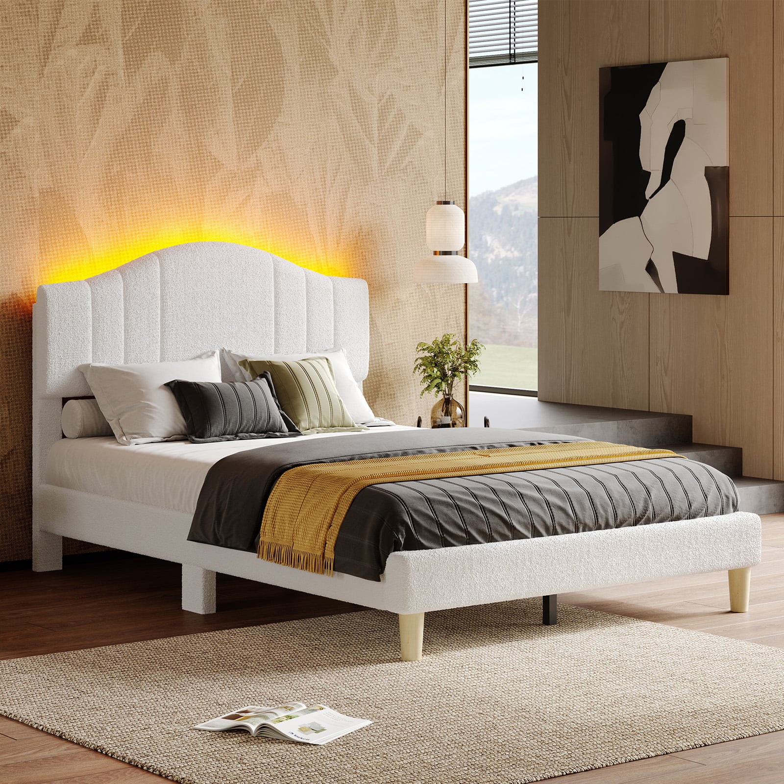 Front. Pinmoco - Pinmoco - Full Upholstered Platform Bed Frame with Adjustable LED Arc Headboard - Fabric White - Fabric White.