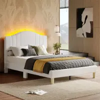 Pinmoco - Full Upholstered Platform Bed Frame with Adjustable LED Arc Headboard - Fabric White - Front_Zoom