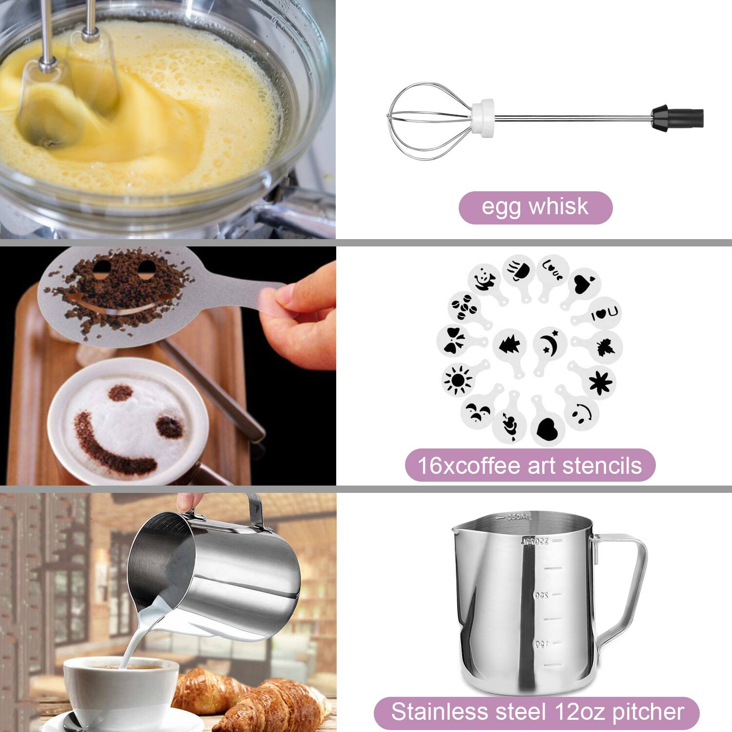 egg whisk, 16xcoffee art stencils, Stainless steel 12oz pitcher