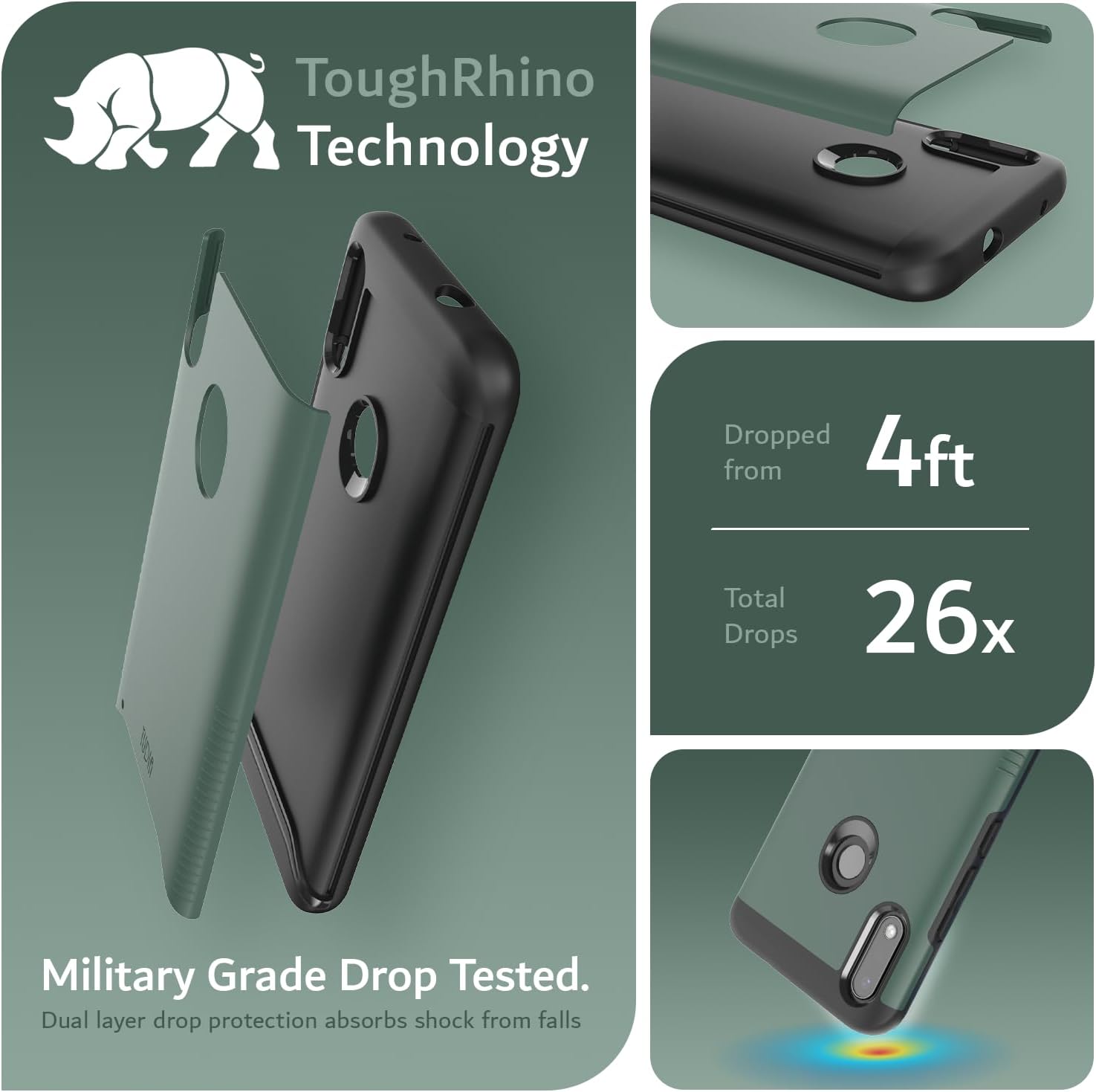 ToughRhino Technology

Dropped from 4ft  
Total Drops 26x

Military Grade Drop Tested.  
Dual layer drop protection absorbs shock from falls