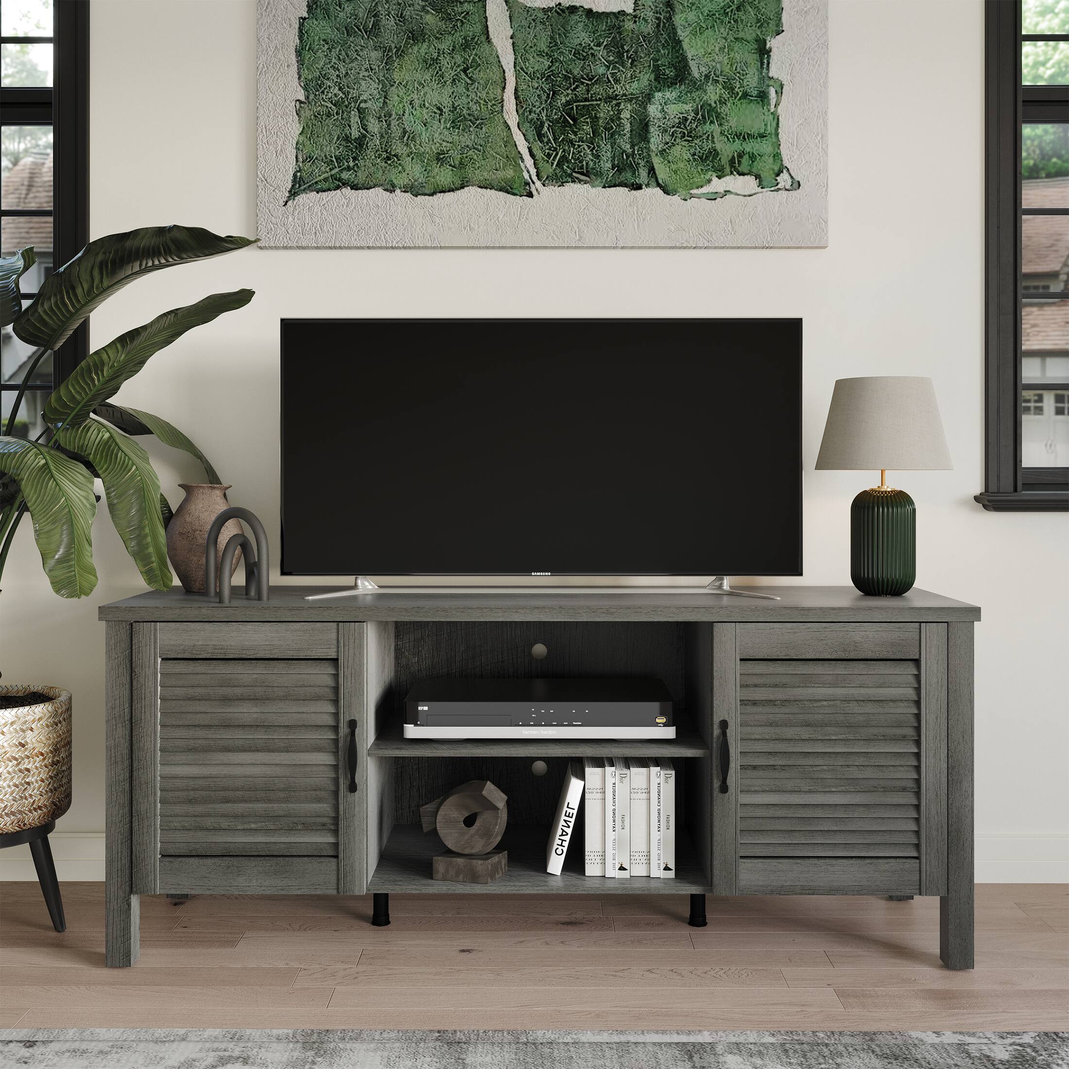 Front. ChaletPosh - Elegant Transitional TV Stand with Concealed Storage Doors, Grey - Grey.