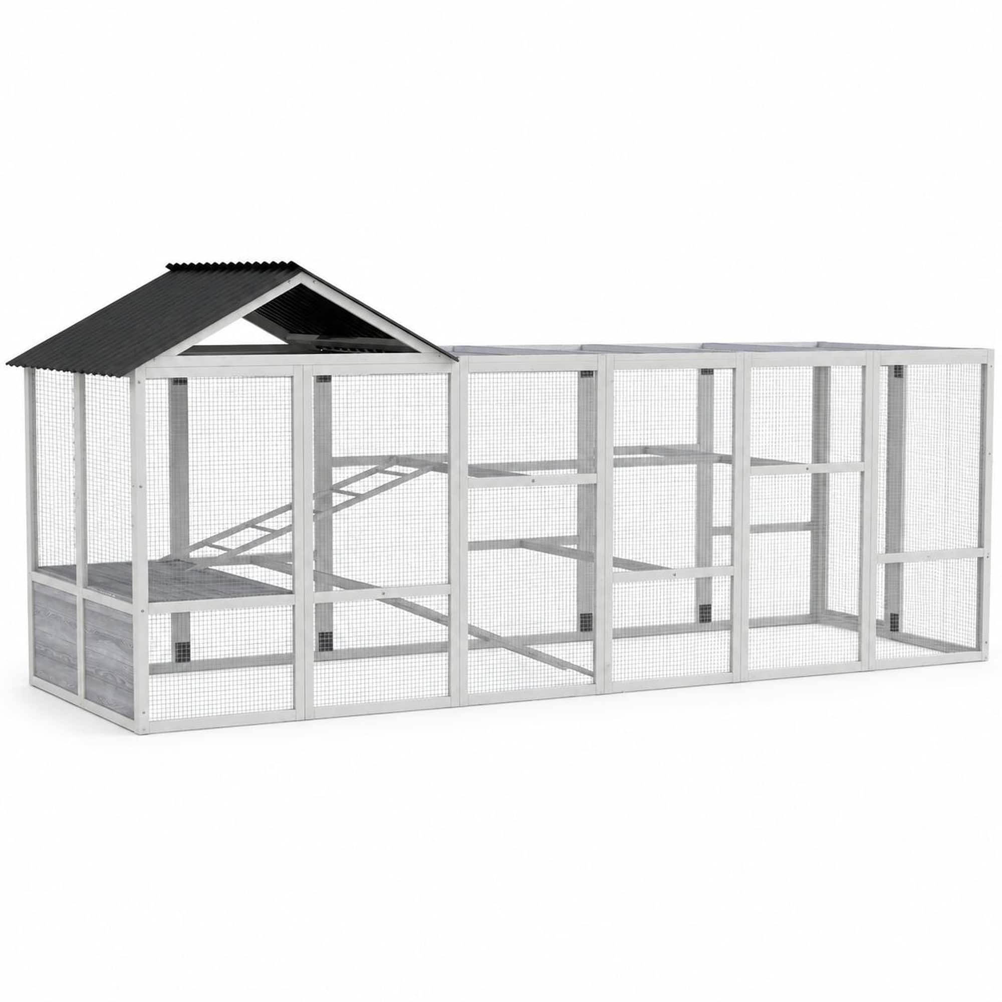 RYHNUYNE - Wooden Chicken Coop Run, 141.75 in x 48 in x 61 in, Fir Wood and Metal, 2-Tier Perches, Storage, for 6-10 Chickens