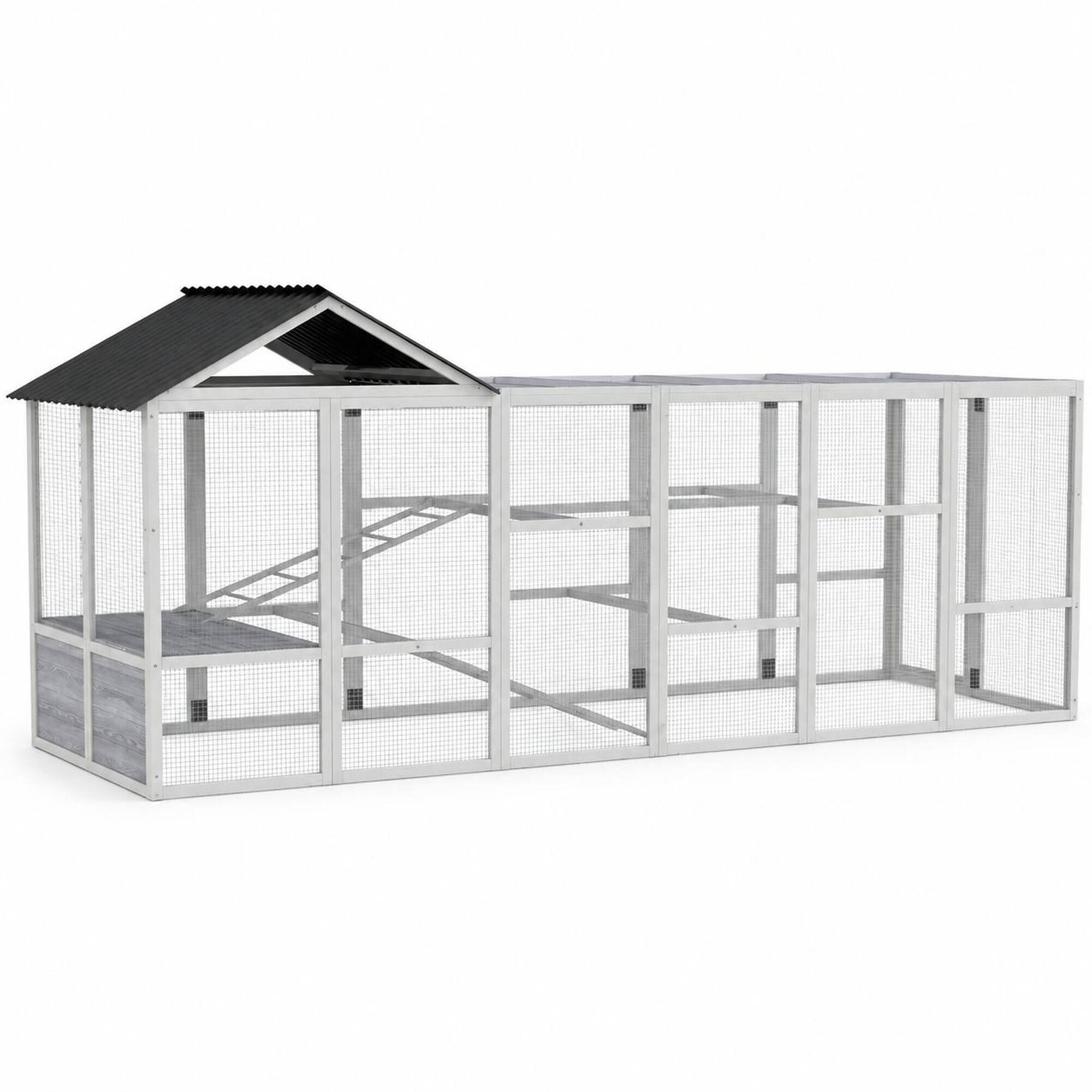 Front. RYHNUYNE - Wooden Chicken Coop Run, 141.75 in x 48 in x 61 in, Fir Wood and Metal, 2-Tier Perches, Storage, for 6-10 Chickens.