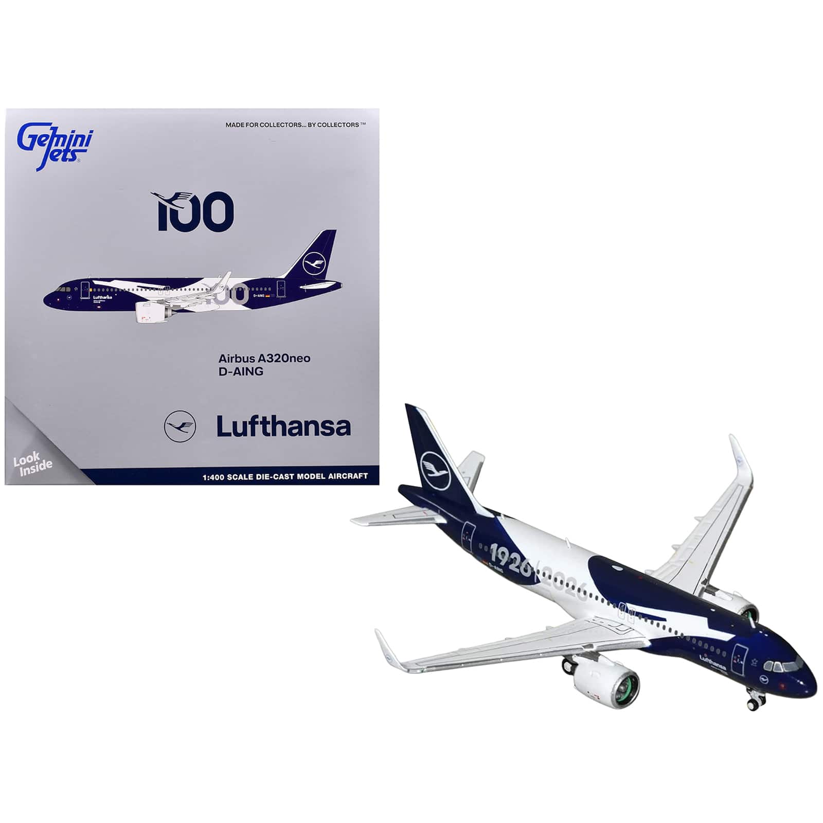 "Airbus A320neo Commercial Aircraft ""Lufthansa 100th Anniversary"" White and Dark Blue 1/400 Airplane by GeminiJets" price history on PriceWatchPro