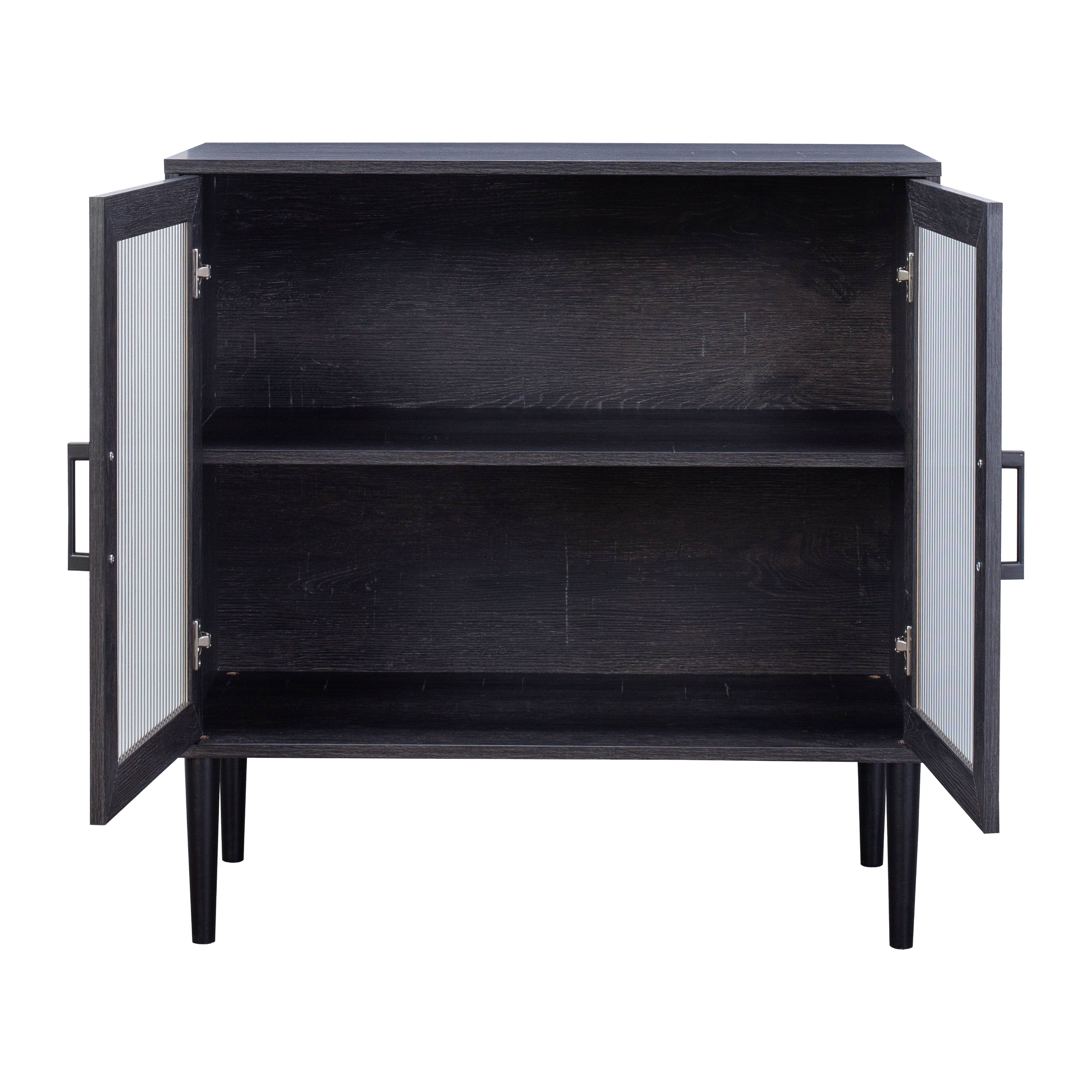 Angle. CorLiving - CorLiving Ethan Engineered Wood Compact Sideboard with 2 Fluted Glass Doors and 2 Internal Shelves - Distressed Dark Grey.