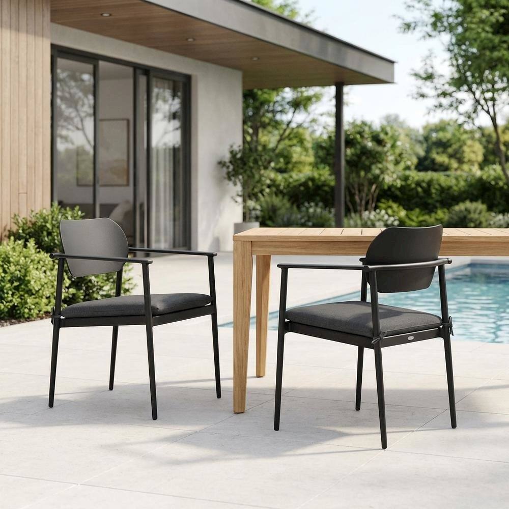 Left. Outdoor Escape - Stackable outdoor aluminum dining chairs set of 2, backrest, lightweight design - Gray.