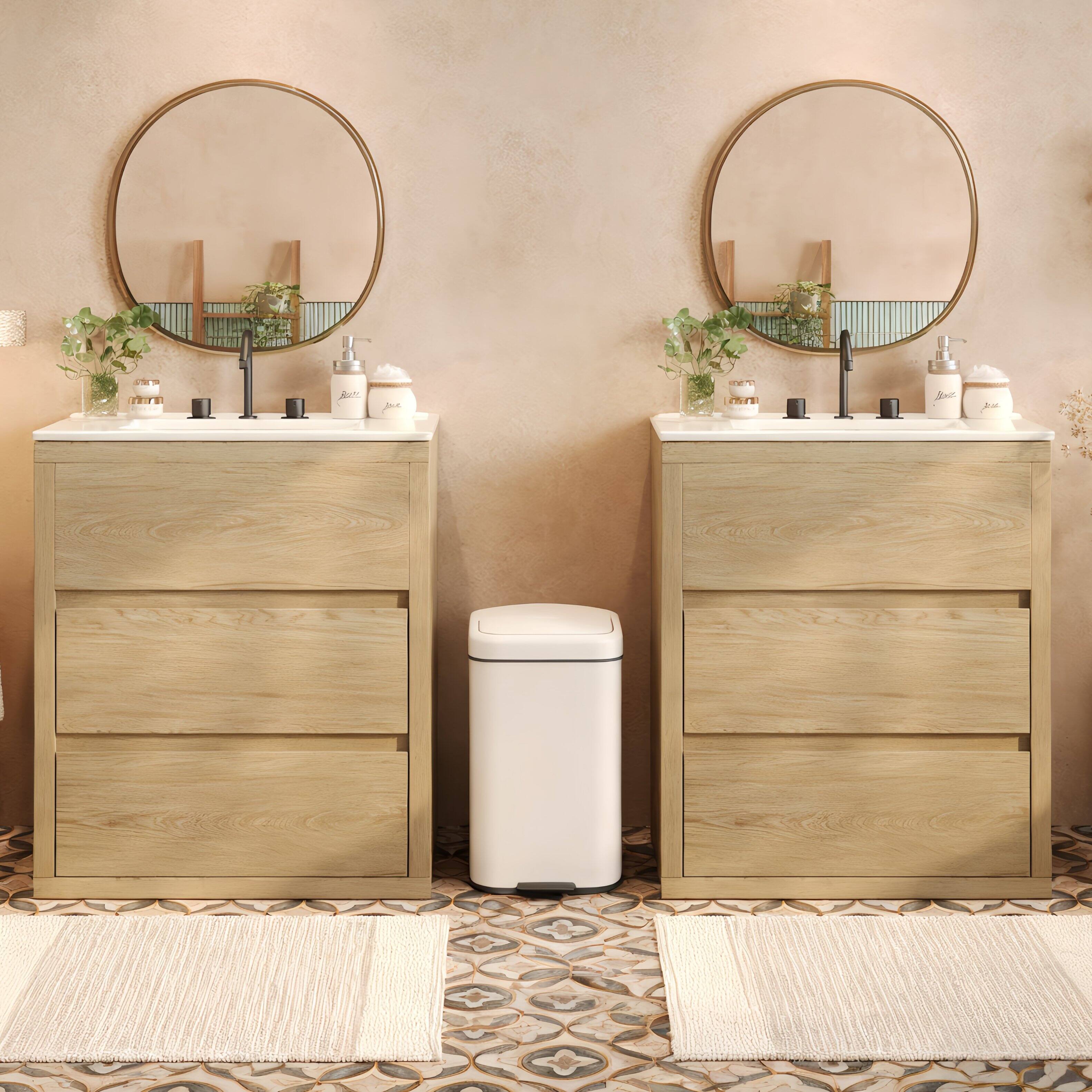 Left. Loheer - 5 ft Double Sink Bathroom Vanity Set with Ceramic Basins, Soft Close Drawers, Natural. - Natural Wood.