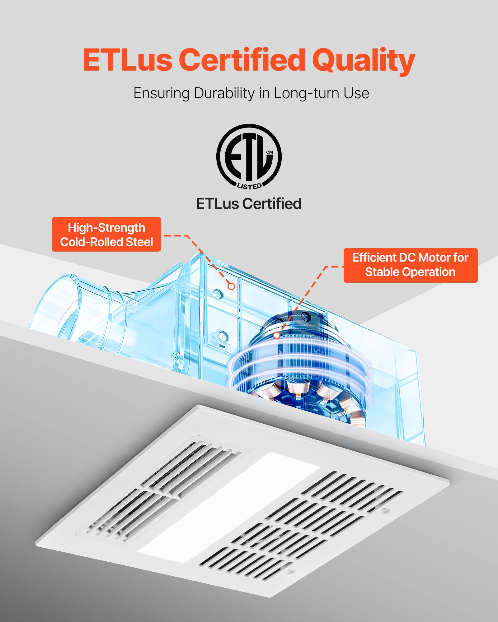 ETLus Certified Quality  
Ensuring Durability in Long-term Use  

ETLus Certified  

High-Strength Cold-Rolled Steel  

Efficient DC Motor for Stable Operation