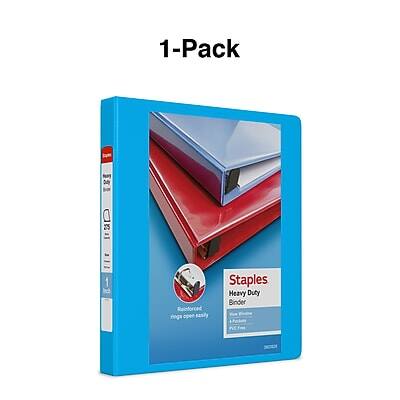 1-Pack  
Staples Heavy Duty Binder  
Reinforced rings open  
Heavy Duty  
1"  
100% Recyclable  
1"  
1"