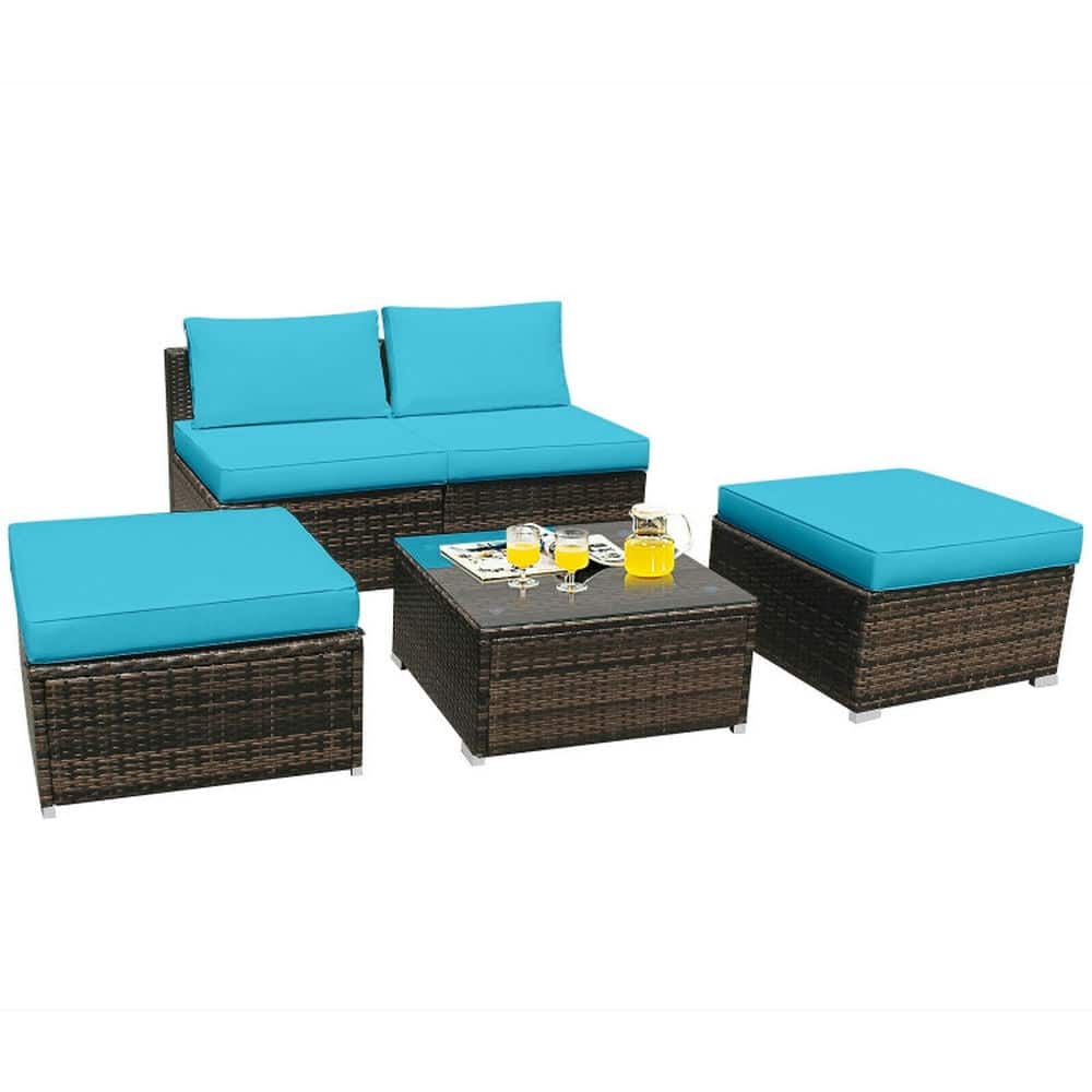 Pefilos - 5 Pieces Patio Rattan Furniture Set with Cushioned Armless Sofa, Weather-Resistant PE Rattan Sofa Set with Detachable - Blue