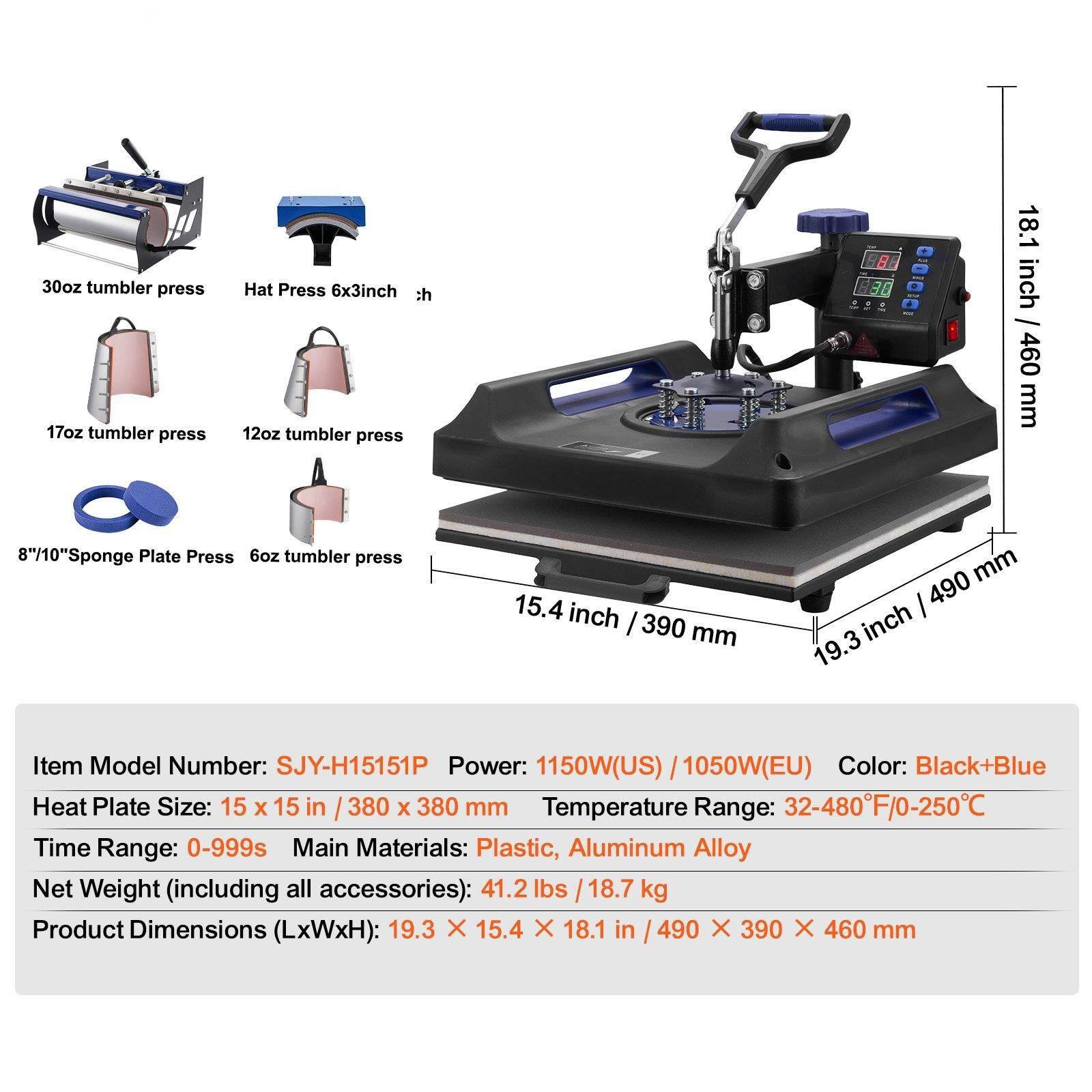 30oz tumbler press  
17oz tumbler press  
Hat Press 6x3inch  
12oz tumbler press  
8"/10" Sponge Plate Press  
6oz tumbler press  

Item Model Number: SJY-H15151P  
Power: 1150W(US) / 1050W(EU)  
Color: Black+Blue  
Heat Plate Size: 15 x 15 in / 380 x 380 mm  
Temperature Range: 32-480°F / 0-250°C  
Time Range: 0-999s  
Main Materials: Plastic, Aluminum Alloy  
Net Weight (including all accessories): 41.2 lbs / 18.7 kg  
Product Dimensions (LxWxH): 19.3 X 15.4 X 18.1 in / 490 X 390 X 460 mm