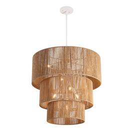 Jonathan Y - Orson 24" Tiered Paper Rope Chandelier, Coastal 7-Light Woven Shade with White Metal Canopy for Living Room - Brown