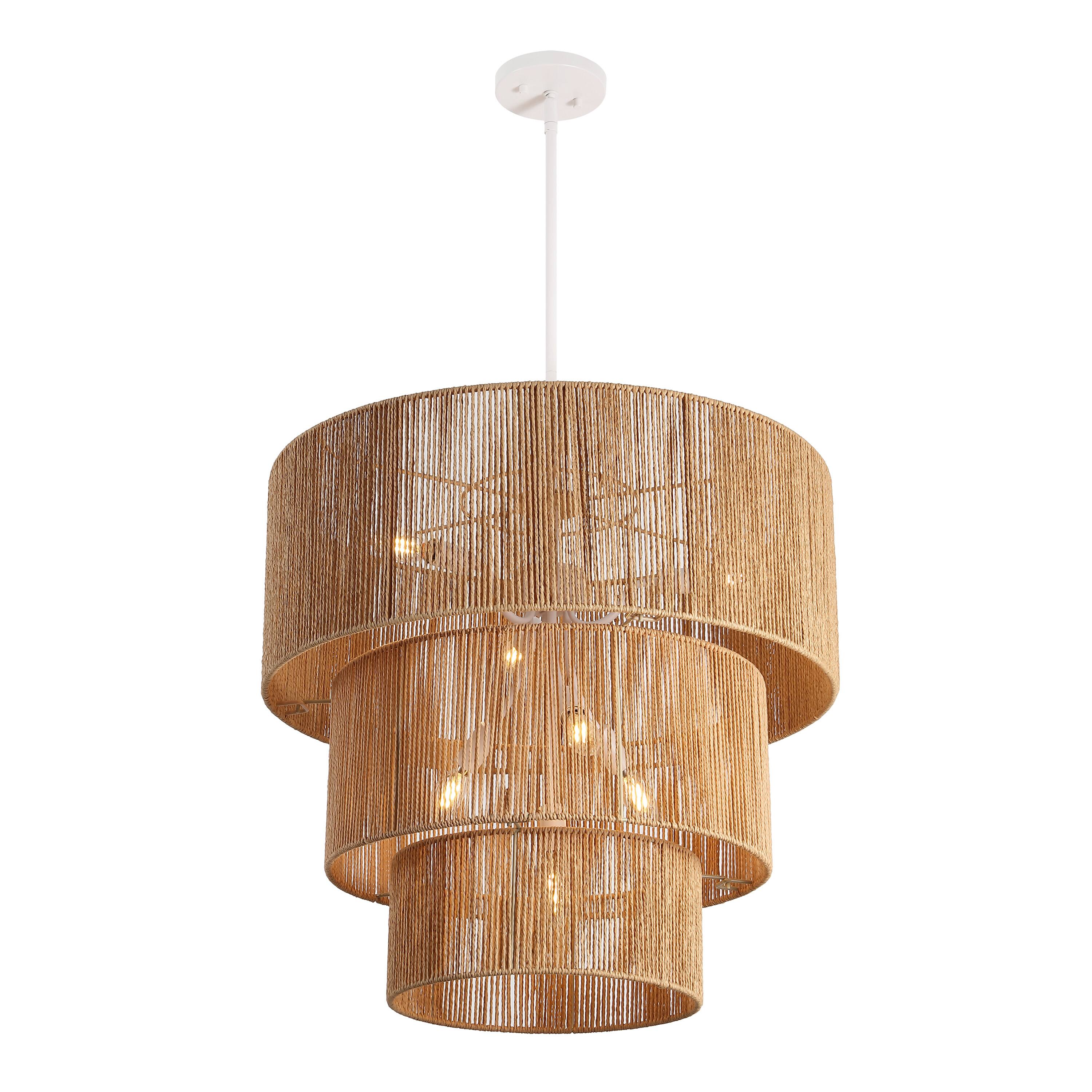 Front. Jonathan Y - Orson 24" Tiered Paper Rope Chandelier, Coastal 7-Light Woven Brown Shade with White Metal Canopy for Living Room - Brown.