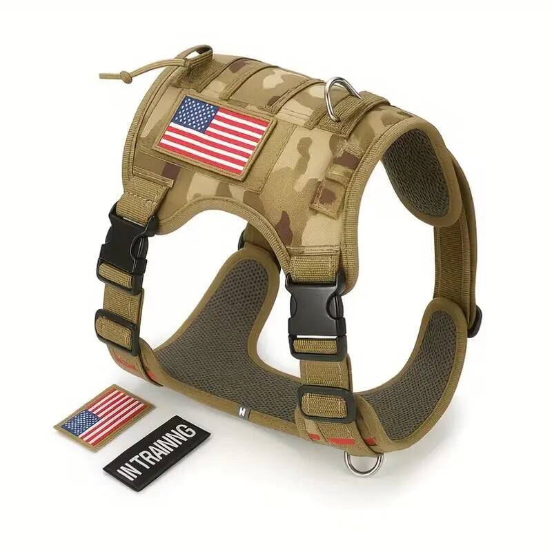 Front. ProMounts - Durable Tactical Dog Harness for Medium and Large Breeds, Featuring an Adjustable Vest with Handle and Metal Buckle - Green.