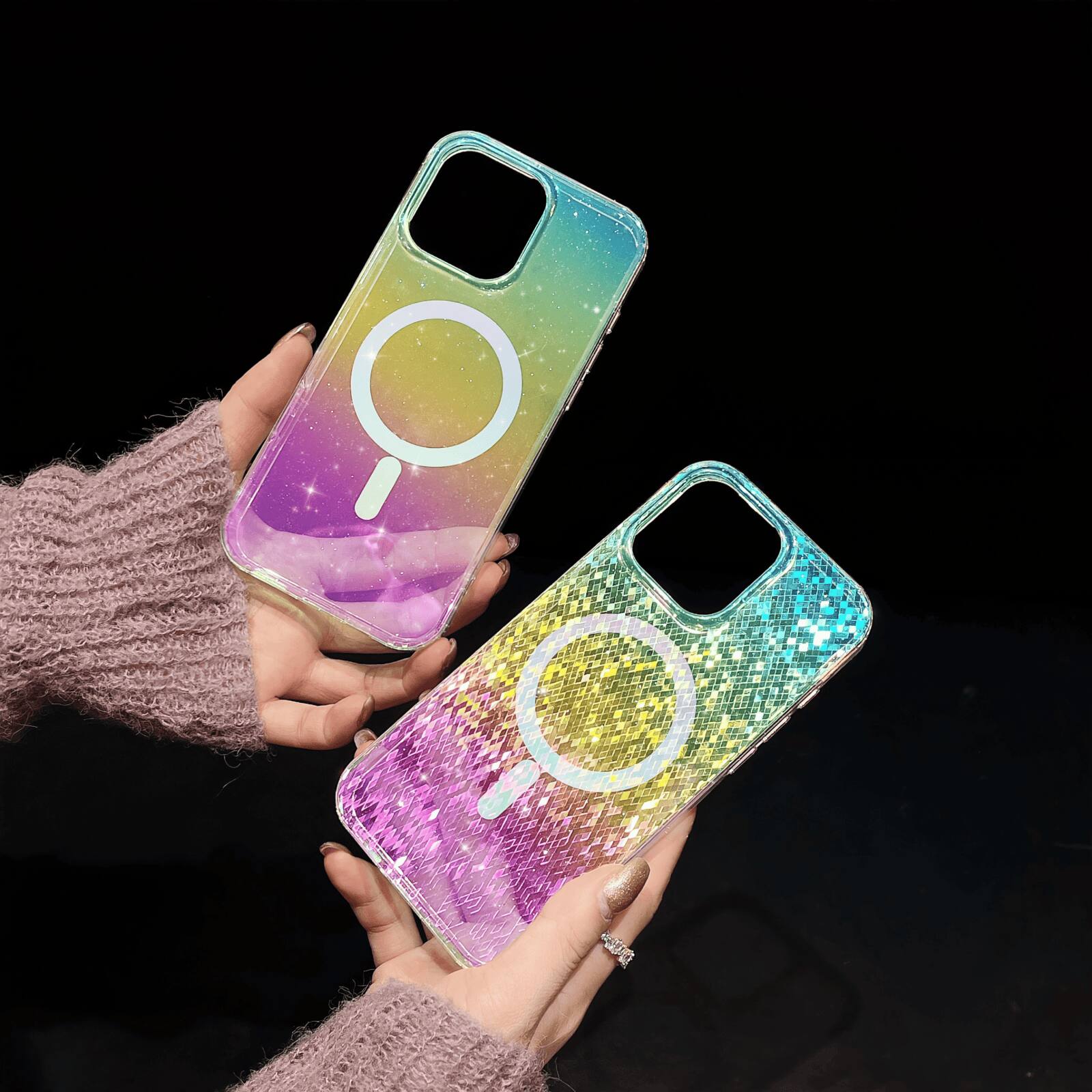Back. UUCOVER - For Apple iPhone 16 Pro Glitter Magnetic Case, Compatible with Magsafe, Colorful Gradient Bling Transparent Phone Cover - D.