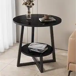 WG - Modern 2-Tier Metal Coffee Table with Storage Shelves Compact Round Side Table for Living Room Balcony or Bedroom - Black