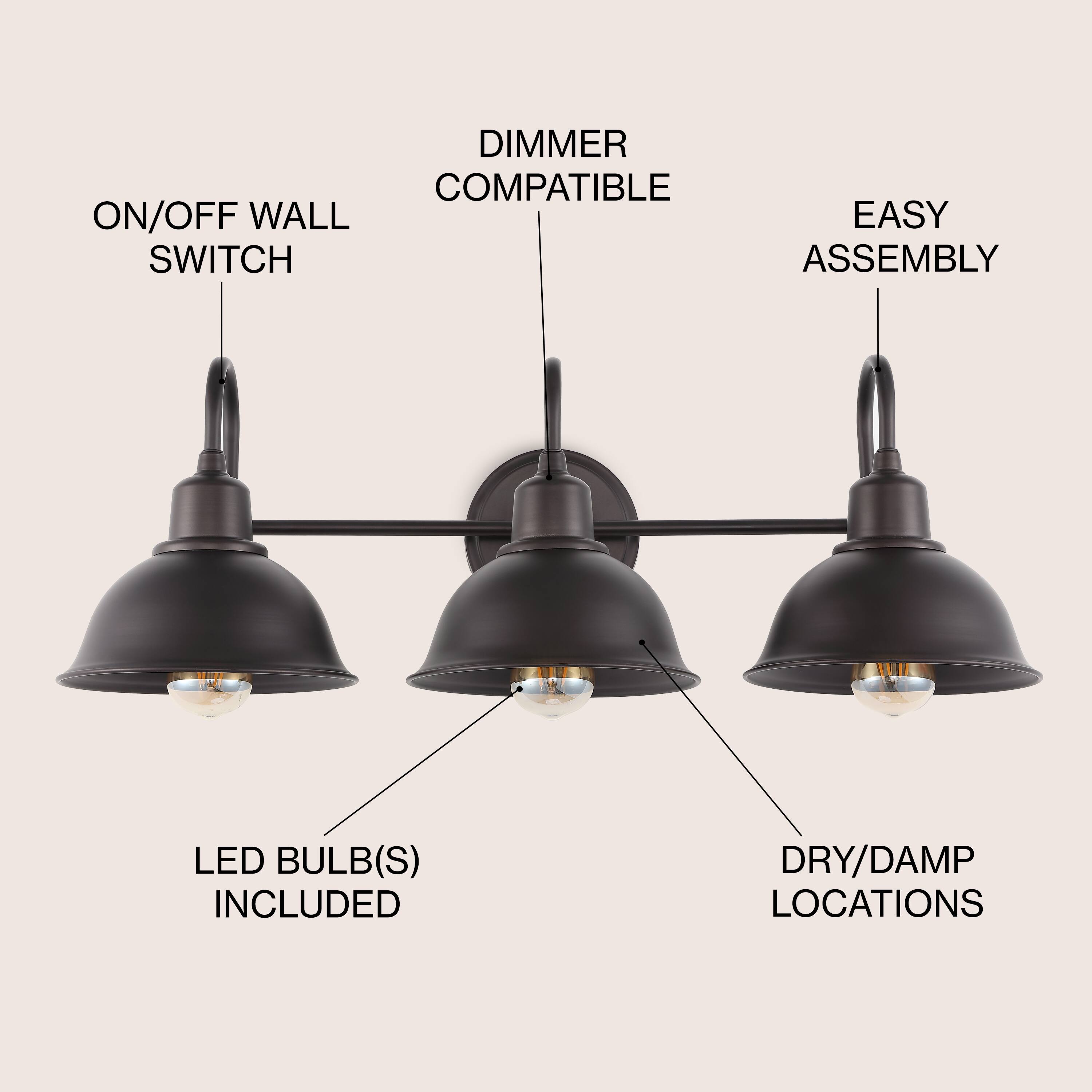 DIMMER COMPATIBLE ON/OFF WALL SWITCH EASY ASSEMBLY LED BULB(S) INCLUDED DRY/DAMP LOCATIONS
