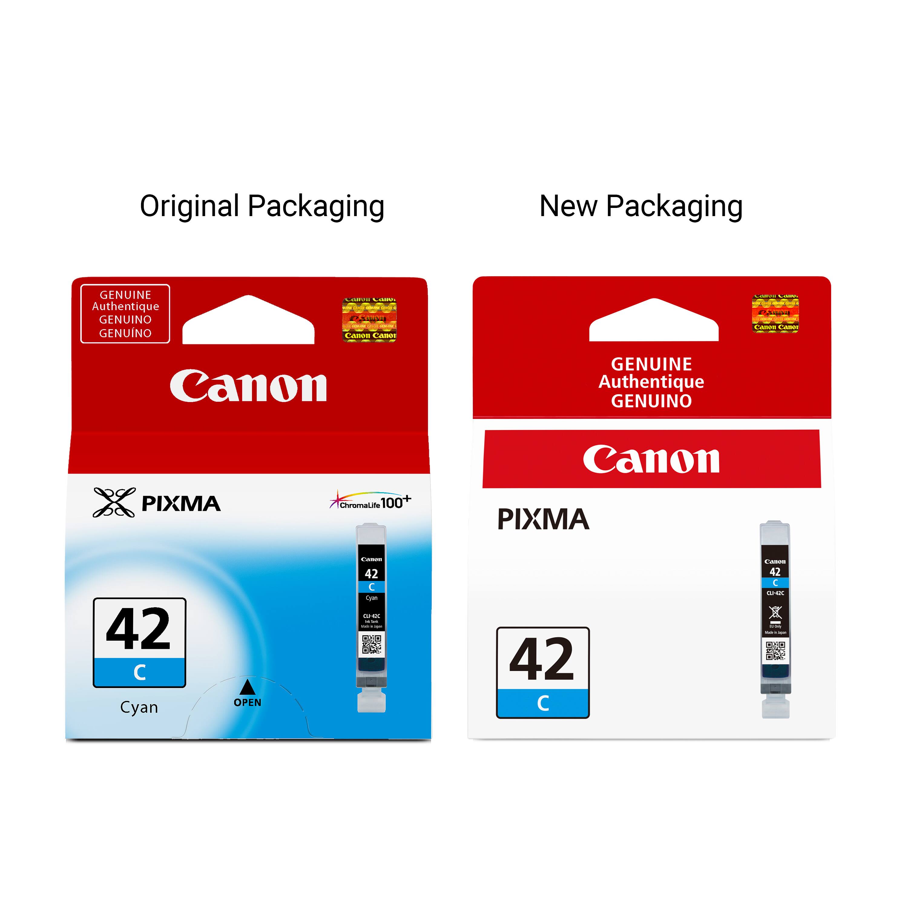 Original Packaging
New Packaging
GENUINE Authentique GENUINO GENUNO
CARVII CHINS Canon Canon
CARRY Calories INDIONDOS COMMENTS Canon Camor
Canon
GENUINE Authentique GENUINO
PIXMA
ChromaLife 100+
Canon PIXMA
42  Cyan
OPEN
Camon 42 C Cyan PA - KNOW
42 
Canon 42 C C2-42C - -